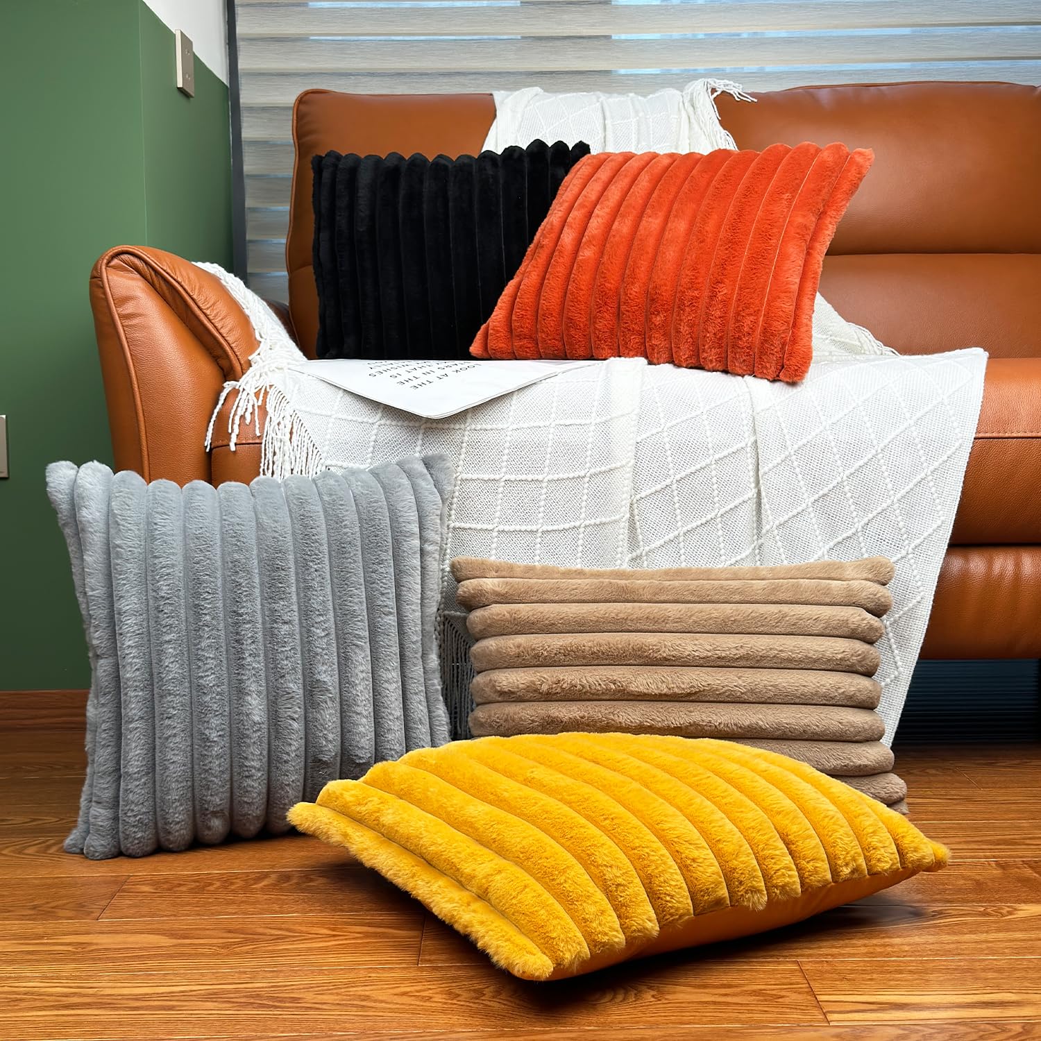 Premium 16x16 Faux Fur Throw Pillow Covers Set of 2 - Ultra Soft Fluffy Decorative Cushion Covers with Velvet Back for Sofa, Bed & Living Room - Neutral Home Decor Accent (Black) | Perfect for Cozy Winter Nights & Modern Interior Styling