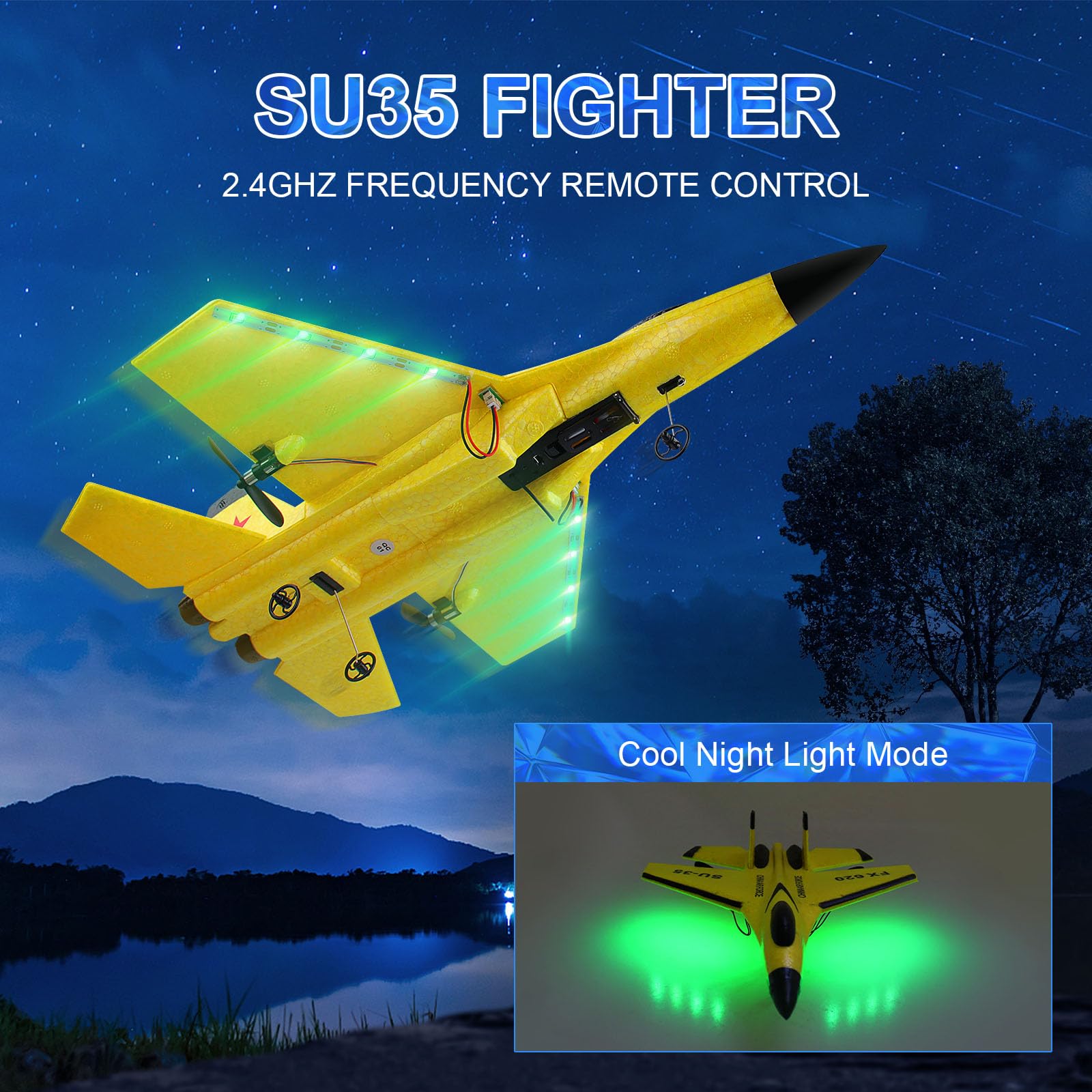 **SU35 2CH RC Airplane - 2.4GHz Ready-to-Fly Remote Control Jet with Night Lights & USB Charging - Easy to Fly Toy for Boys, Kids & Beginners - Outdoor & Indoor Play, Birthday Gifts, Backyard Fun (Yellow)**