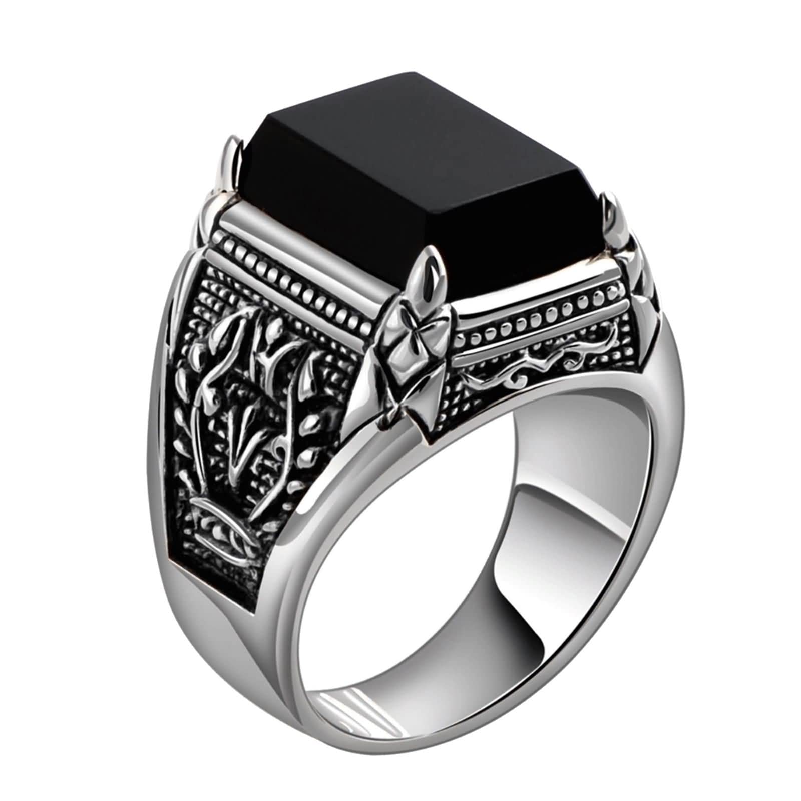 Punk Style Men's Rings - 925 Sterling Silver Rectangle Black Agate Fashion Ring for Men | Perfect for Gifts, Weddings & Everyday Wear