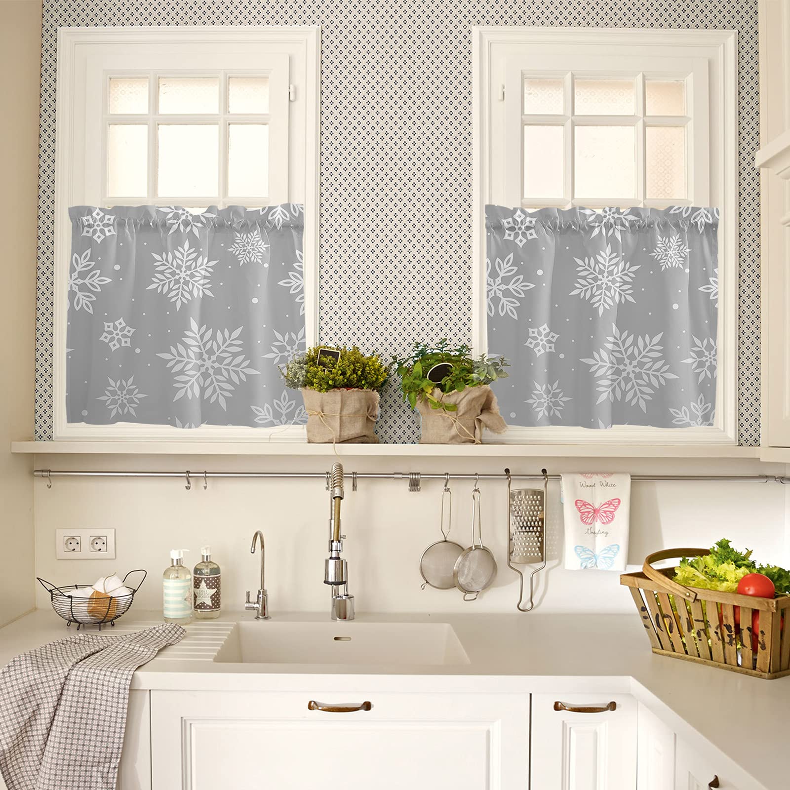 Christmas Winter Kitchen Curtains 36 Inch Length - Snowflake Holiday Grey Short Cafe Tier Drapes (Set of 2 Panels) with Rod Pocket - 55x36 Inch Window Treatments for Cozy Holiday Kitchen Decor | Perfect for Christmas Home Decor, Winter Cabin Style & Festive Dining Room Windows