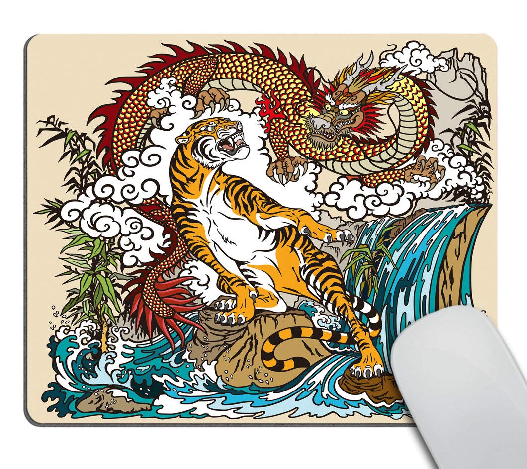 Custom Gaming Mouse Pad with Chinese Dragon & Tiger Landscape Design - Non-Slip Rubber Base Large Mouse Mat for PC, Laptop, Office & Esports Gaming