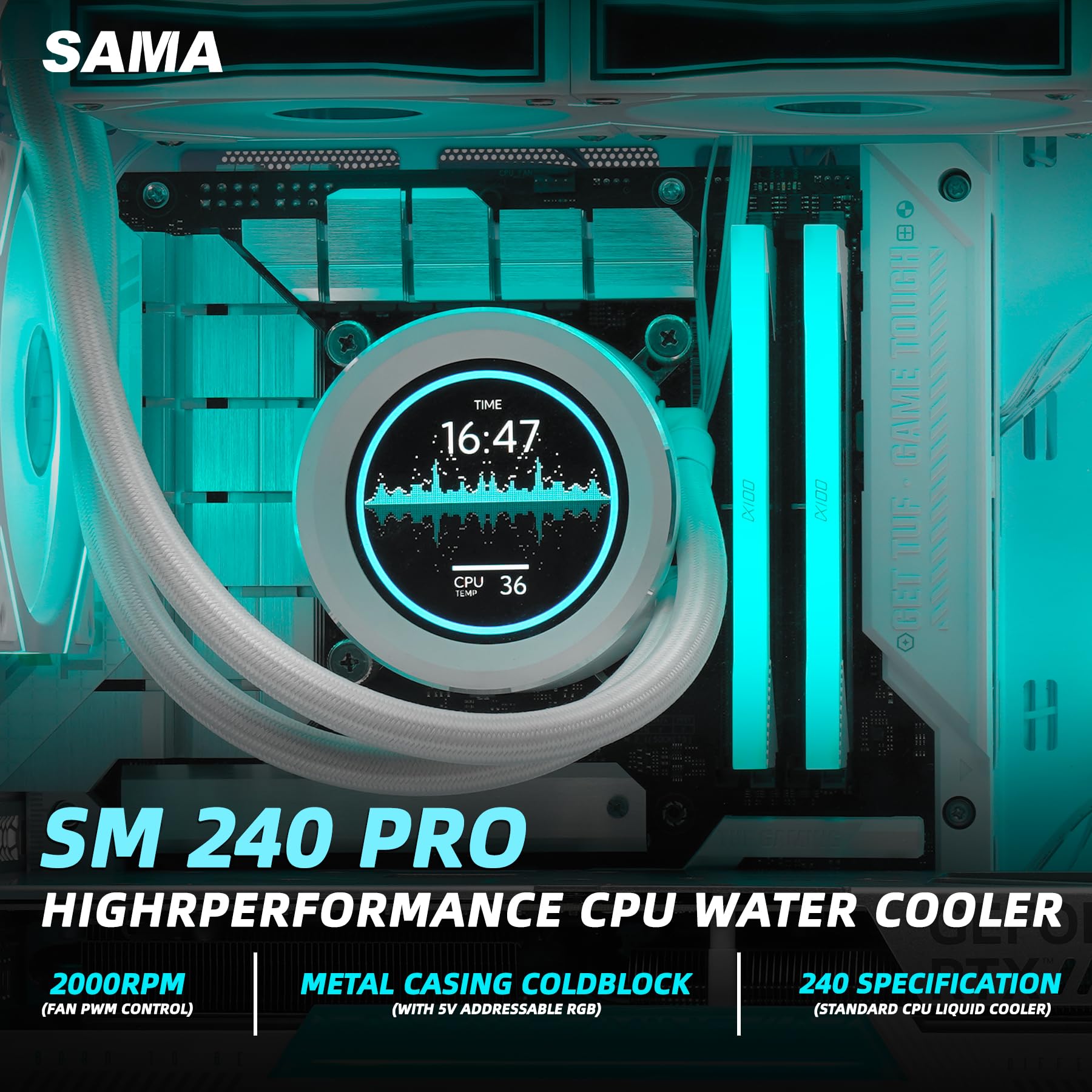 SAMA SM240 PRO Black 240mm ARGB AIO Liquid CPU Cooler with 2.8-inch LCD Temperature Display & PWM Silent Fans - High Performance Cooling for Gaming PC, Workstation, and Overclocking