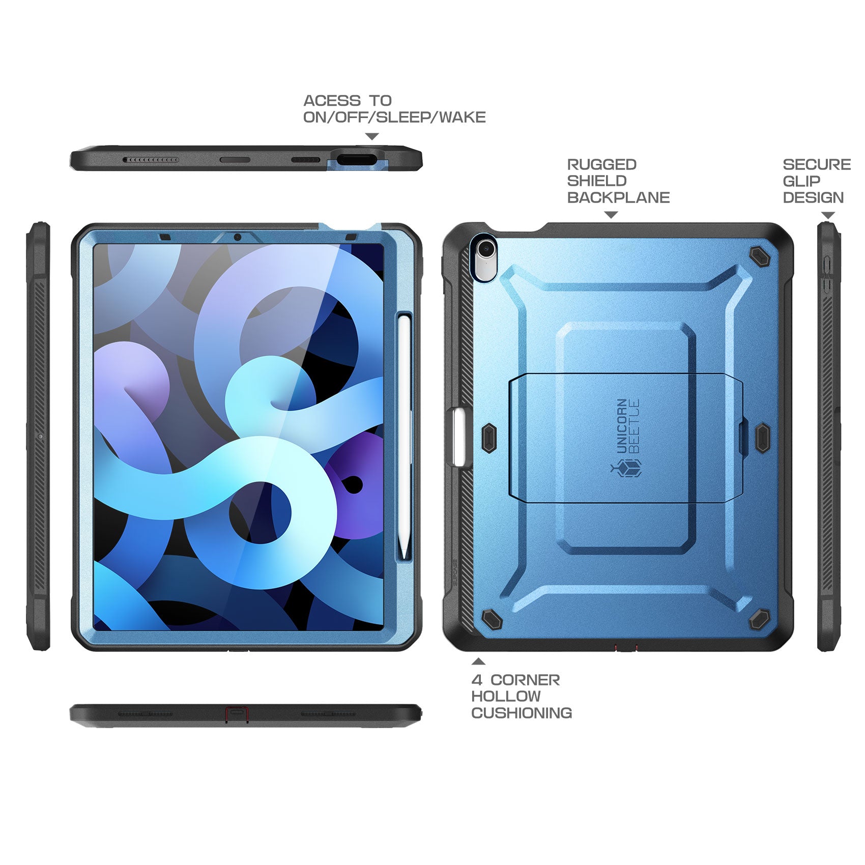 iPad Air 4 / 5 Unicorn Beetle PRO Rugged Kickstand Case - Shockproof Protective Cover with Built-in Stand, Metallic Blue - Perfect for Outdoor, Travel & Daily Use
