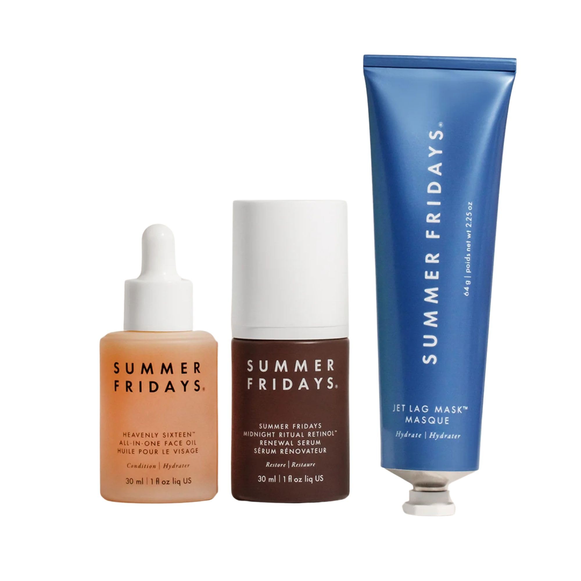 Summer Fridays Simple Nighttime Routine Set - Heavenly Sixteen All-In-One Face Oil (1 Fl Oz) + Jet Lag Hydrating Face Mask (2.25 Oz) + Midnight Ritual Retinol Serum (1 Oz) | Complete Skincare Bundle for Overnight Repair & Hydration | Perfect for Nighttime Skincare Routine & Travel Essentials