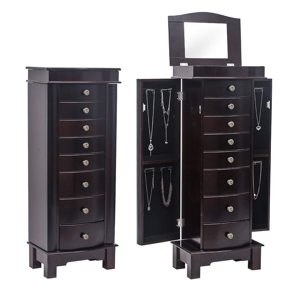 Standing Jewelry Armoire Cabinet with 8 Drawers & 16 Necklace Hooks - Wooden Jewelry Storage Organizer with Full-Length Mirror & Swing Doors - Perfect for Bedroom, Closet or Dressing Room Organization (Black)