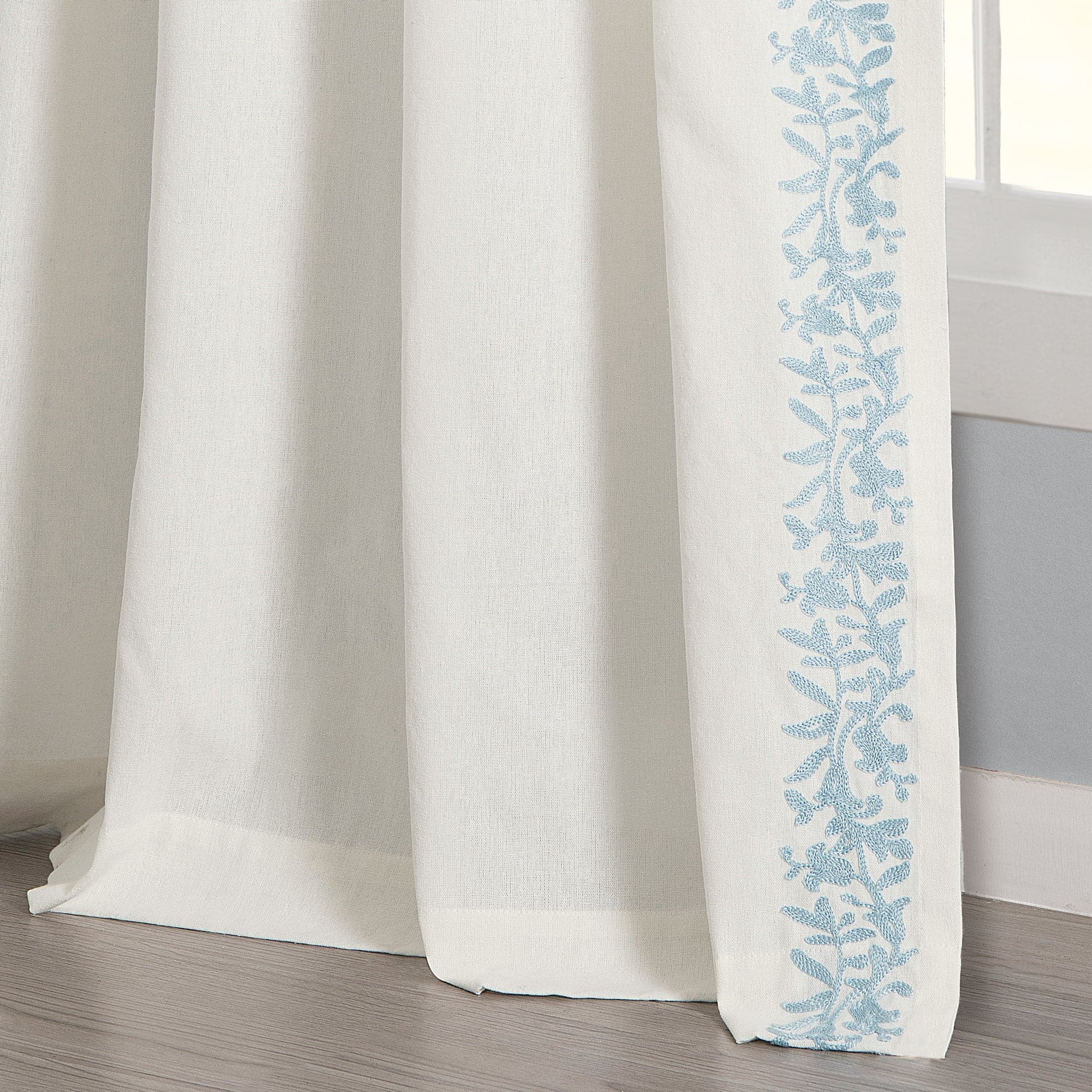 Luxury Modern Floral Linen-Like Embroidered Border Window Curtain Panel - Elegant Home Decor for Living Room & Bedroom