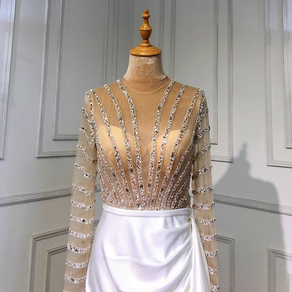 Elegant White Long Sleeve Mermaid Evening Dress with Beaded Detail - Split Hem Formal Gown for Women's Party & Special Occasions - Serene Hill LA71531 | Perfect for Weddings, Galas & Red Carpet Events