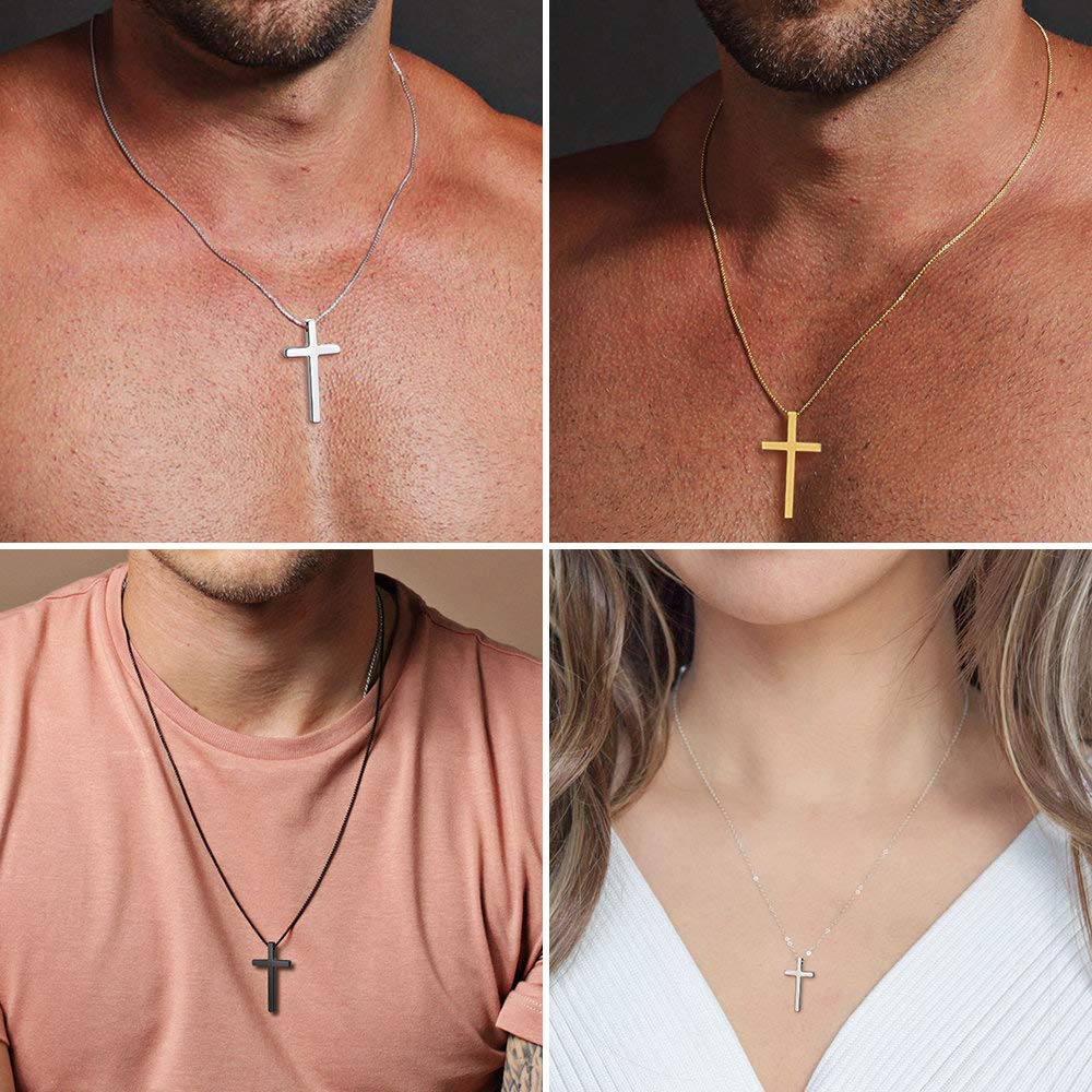MOOHAM Men's Stainless Steel Cross Pendant Necklace - Silver, Black & Gold Options - Adjustable 16-30 Inch Box Chain - Religious Jewelry for Everyday Wear & Gifts