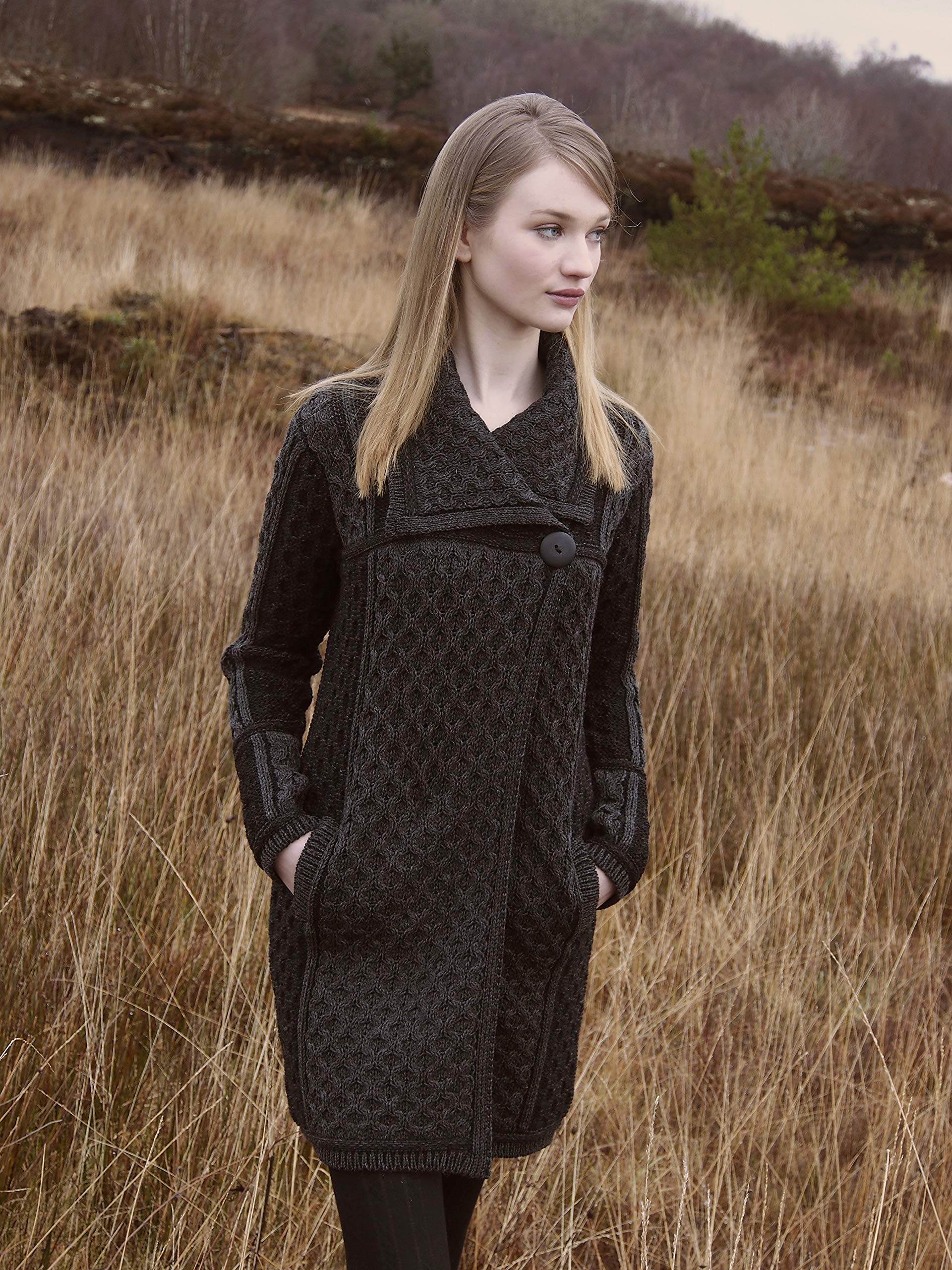 Aran Crafts Women's Irish Cable Knit 100% Merino Wool Long Cardigan with One Button - Cozy Winter Sweater for Casual Outfits & Office Wear