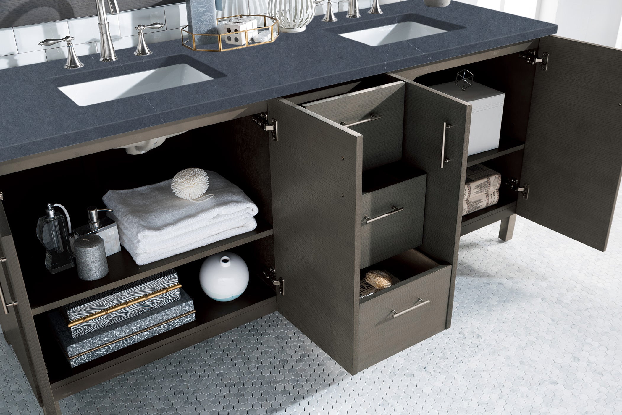 Metropolitan 72 Inch Double Bathroom Vanity with Silver Oak Finish & 3CM Charcoal Soapstone Quartz Countertop - Modern Bathroom Furniture for Master Bath, Guest Bath & Luxury Home Renovation