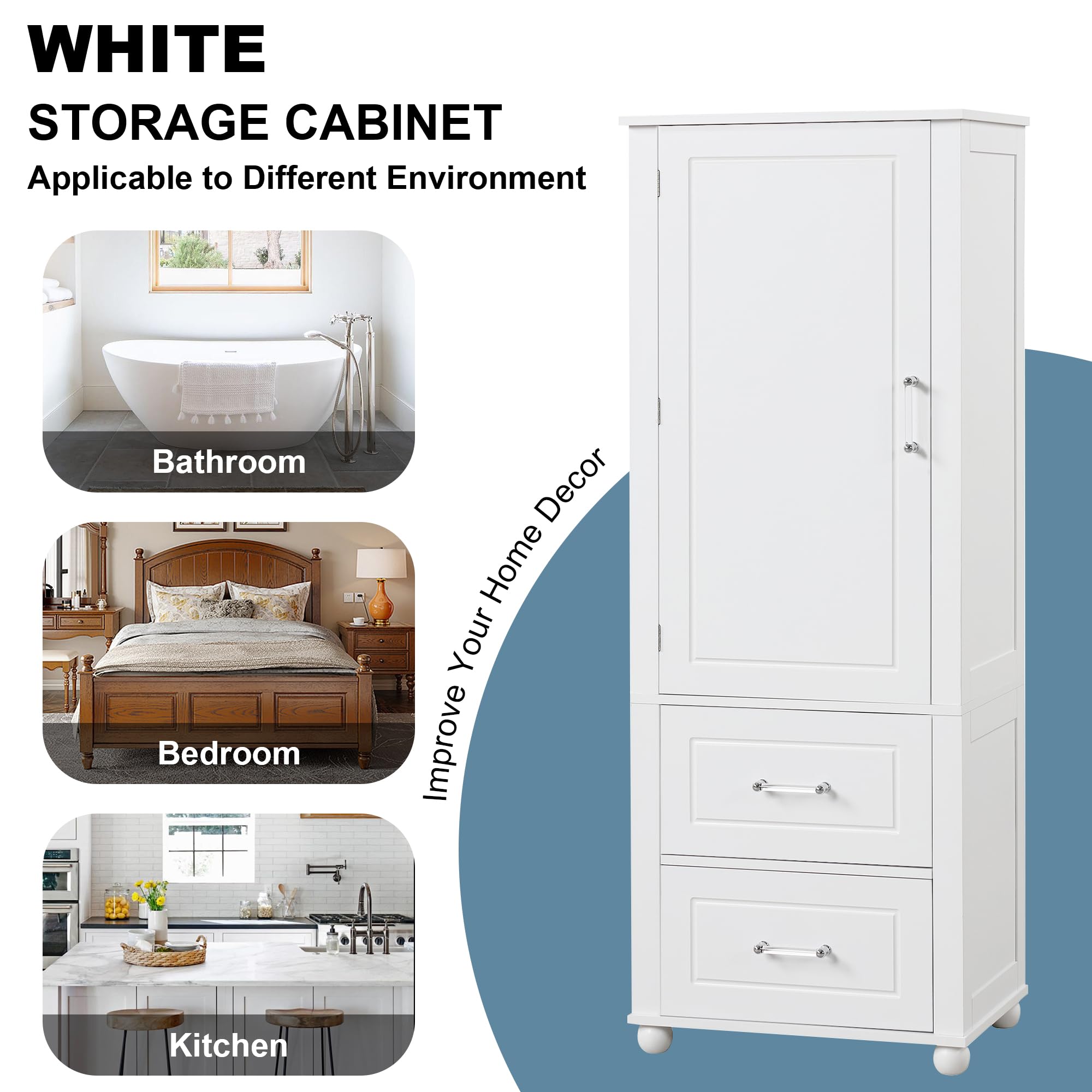 LZ LEISURE ZONE Tall Bathroom Storage Cabinet with 2 Drawers & Adjustable Shelf - Freestanding Bathroom Organizer for Home, Kitchen, Living Room - Anti-Tip Design, White - Perfect for Small Space Organization & Bathroom Essentials Storage