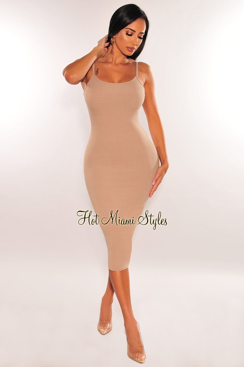 Taupe Ribbed Knit Spaghetti Strap Scoop Back Midi Dress for Women - Casual Summer Dress for Beach, Party & Date Night