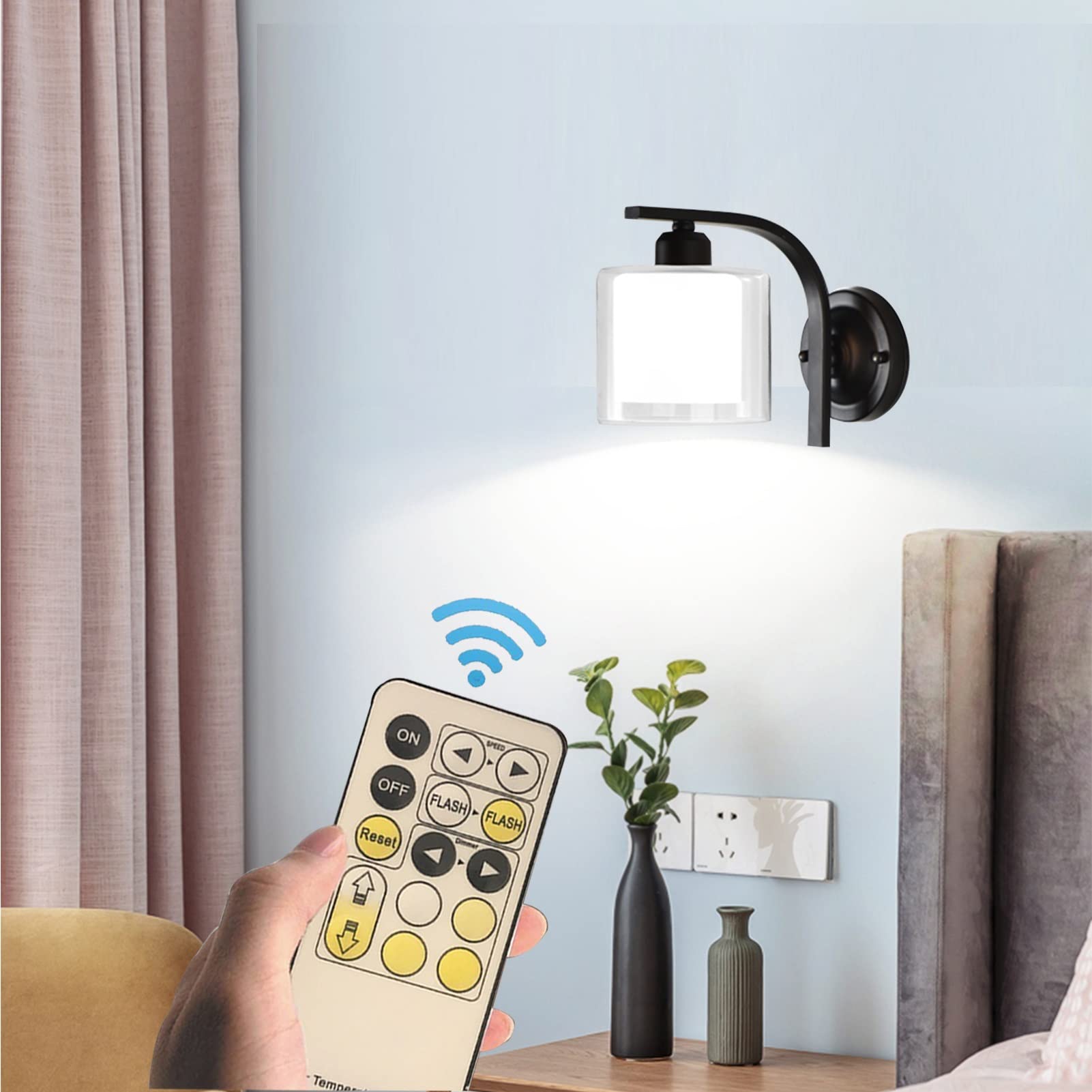 Battery Powered Wall Sconce with Remote Control - Set of 2 Cordless LED Dimmable Glass Lampshade Wall Lights for Bedroom, Living Room, Hallway - Perfect for Bedside Lighting, Aisle Illumination & Cozy Ambiance