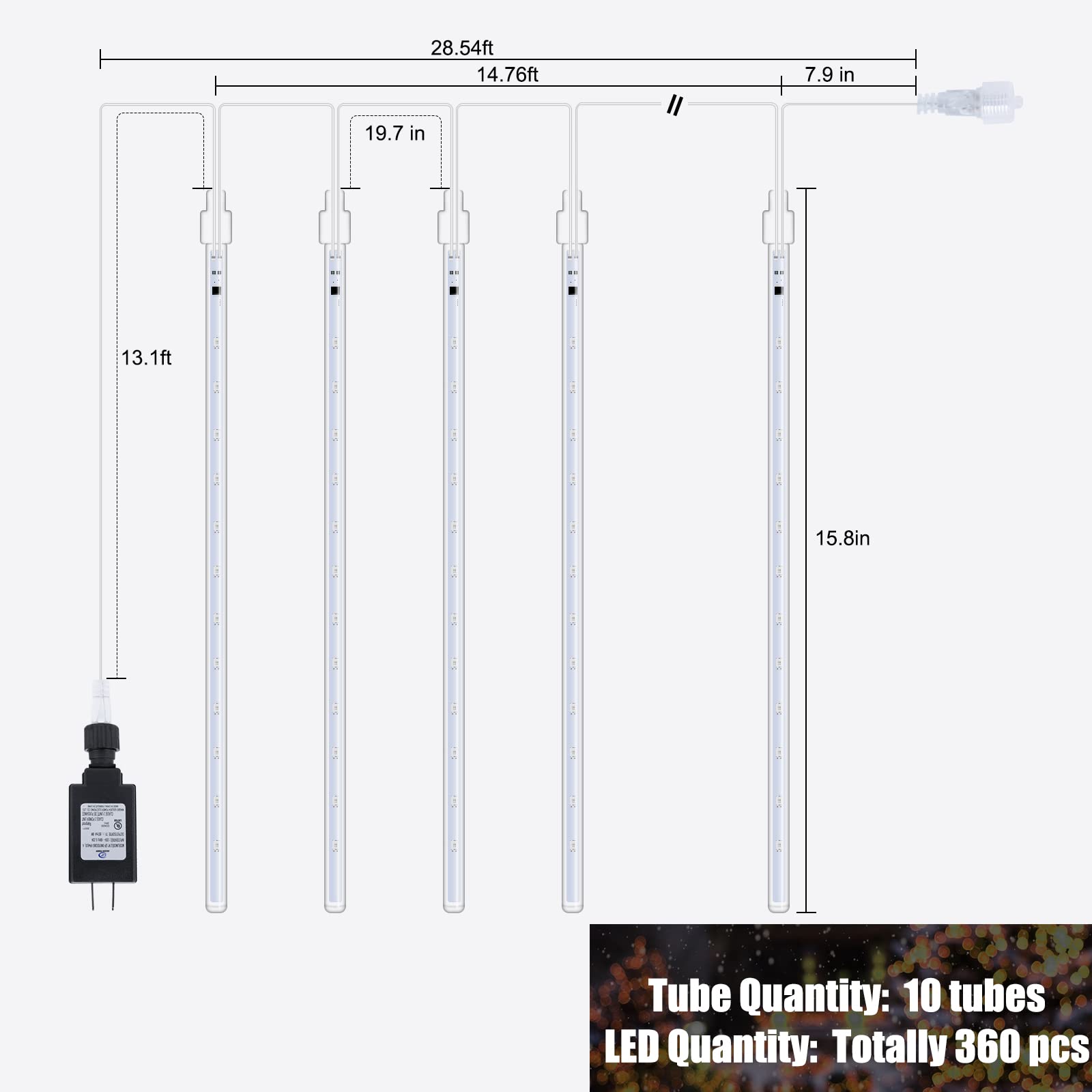 360 LED Meteor Shower Lights Outdoor - 16 Inch 10 Tubes Waterproof Snowfall Christmas Lights for Trees, Bushes & Holiday Decorations | Perfect for Christmas Party, Garden, Yard & Winter Decor (White)