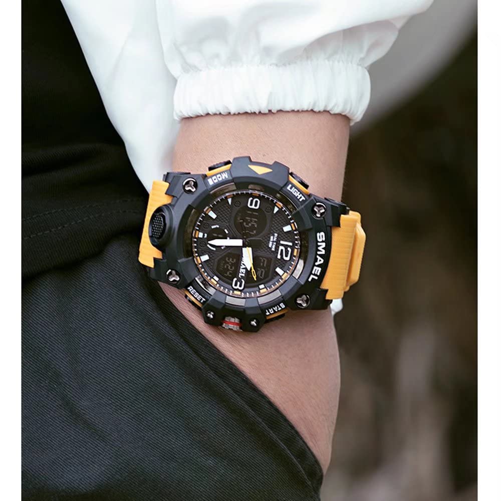 SMAEL Men's Military Digital Watch - Waterproof Sports Wristwatch with Date, LED Alarm & Stopwatch - Large Face Orange Digital Watch for Outdoor Activities, Hiking & Adventure Enthusiasts