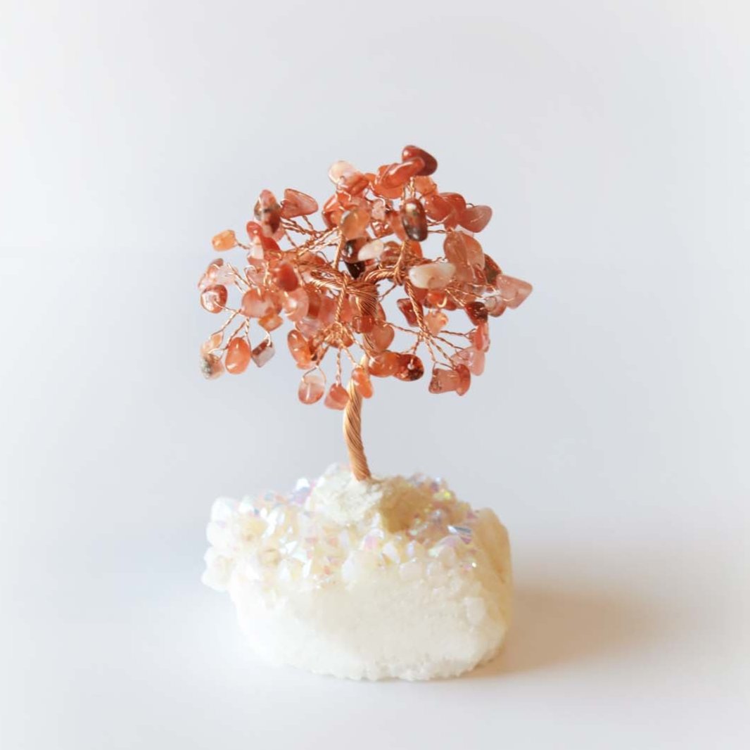 Natural Carnelian Tree on Quartz with Angel Aura Base - Healing Crystal for Meditation, Reiki, and Home Decor