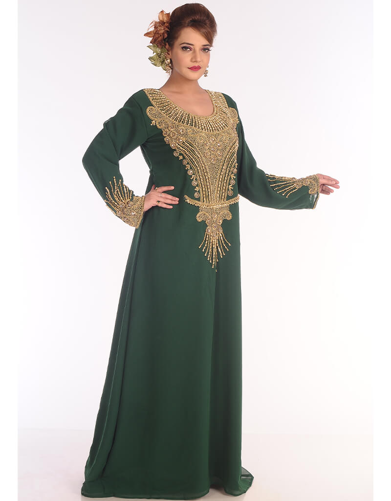 Elegant Arabic Green Georgette Kaftan with Hand Embroidery for Women | Party Wear, Evening Gown & Special Occasion Dresses
