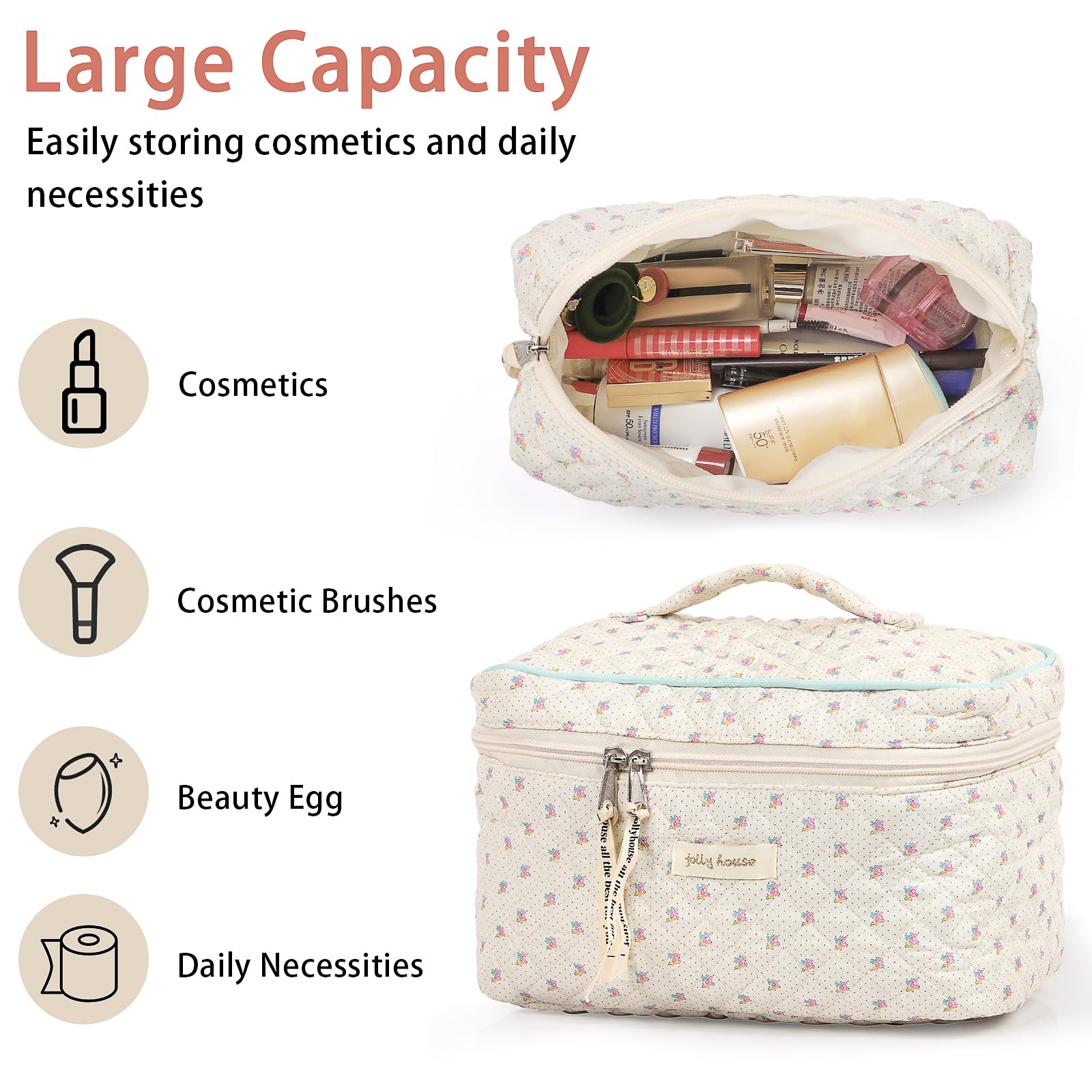 Sightor Large Cotton Quilted Makeup Bag with Handle - Cute Floral Cosmetic Toiletry Bag for Women, Travel Organizer, Perfect for Travel, Gym, and Daily Use