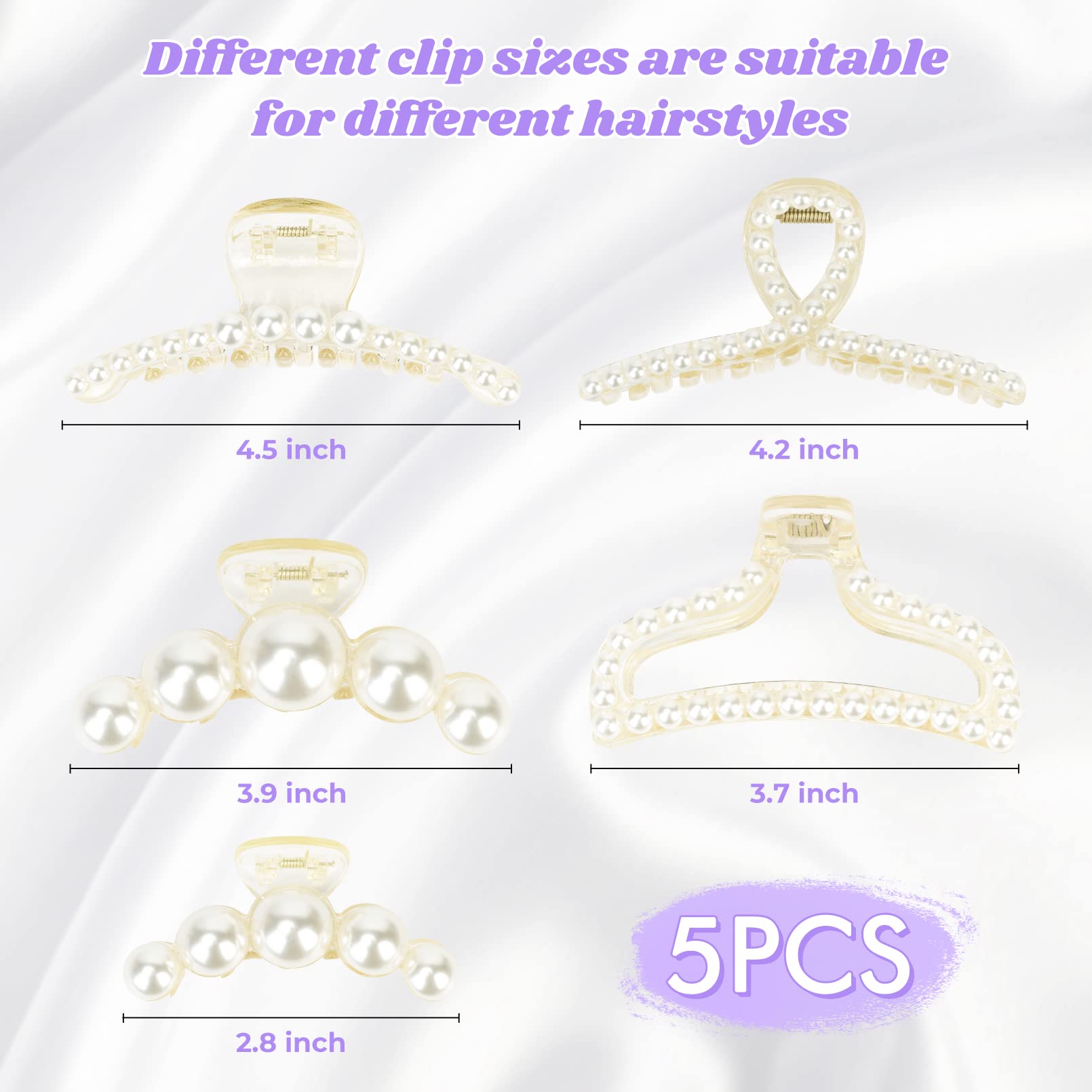 DEEKA 5-Piece Large Pearl Hair Claw Clips - White & Black Thick Long Jaw Barrettes for Women & Girls | Hair Accessories for Wedding, Party & Everyday Use