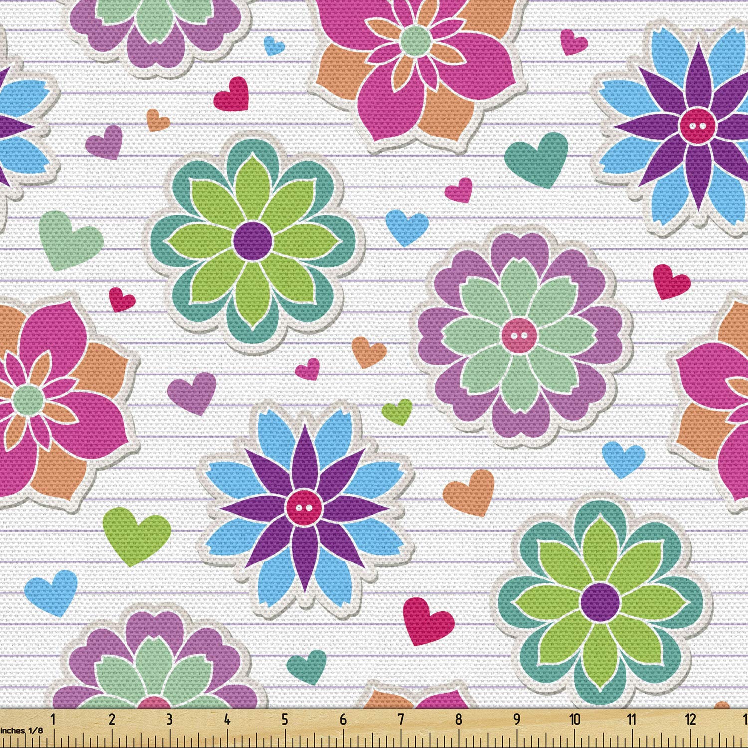 Ambesonne Retro Fabric by The Yard - Vibrant Chamomile Flowers & Hearts Print Decorative Fabric for Upholstery, DIY Crafts & Home Decor (10 Yards, Multicolor) | Perfect for Sewing Projects, Table Runners & Wall Hangings