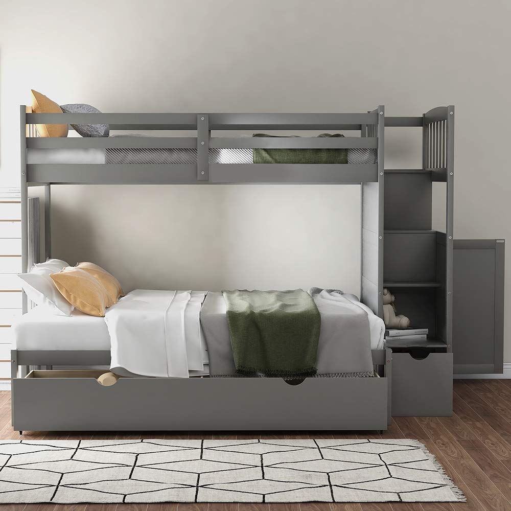 Twin Over Full Bunk Bed with Trundle - Solid Wood Bunk Bed Frame with Safety Guard Rails, Storage Shelves & Drawers, Convertible Bottom Bed (Gray) - Perfect for Kids' Bedrooms, Guest Rooms & Small Spaces