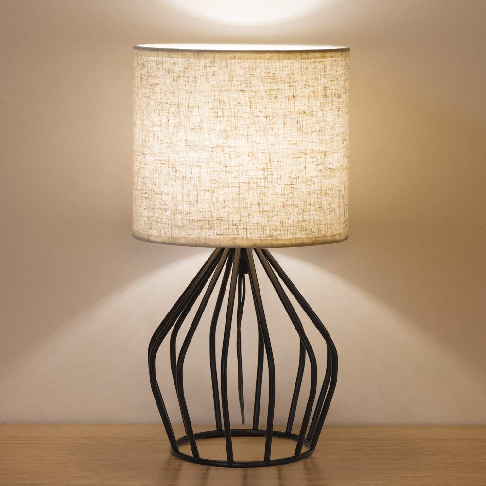 HAITRAL Black Modern Table Lamp - Minimalist Small Bedside Lamp with Hollowed Out Base & Linen Fabric Shade, Vintage Nightstand Lamp for Bedroom, Living Room, Side Table, Desk, Kids Room - Perfect for Reading, Relaxing & Creating Cozy Ambiance