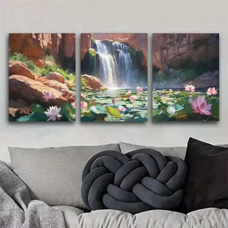3-Piece Natural Waterfall and Lotus Landscape Wall Art Set - Framed Canvas Prints 40x60cm (16x24in) - High Quality Australian Made Wall Decor - Perfect for Living Room, Bedroom & Office Decoration