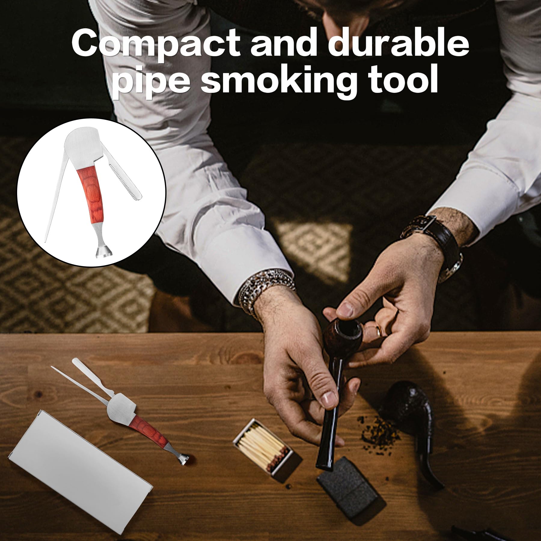 AILE 3-in-1 Stainless Steel Smoking Pipe Tool Set - Multi-Function Tobacco Pipe Cleaner, Scraper & Tamper with Rosewood Handle for Wooden Pipes - Perfect for Pipe Maintenance & Smoking Accessories