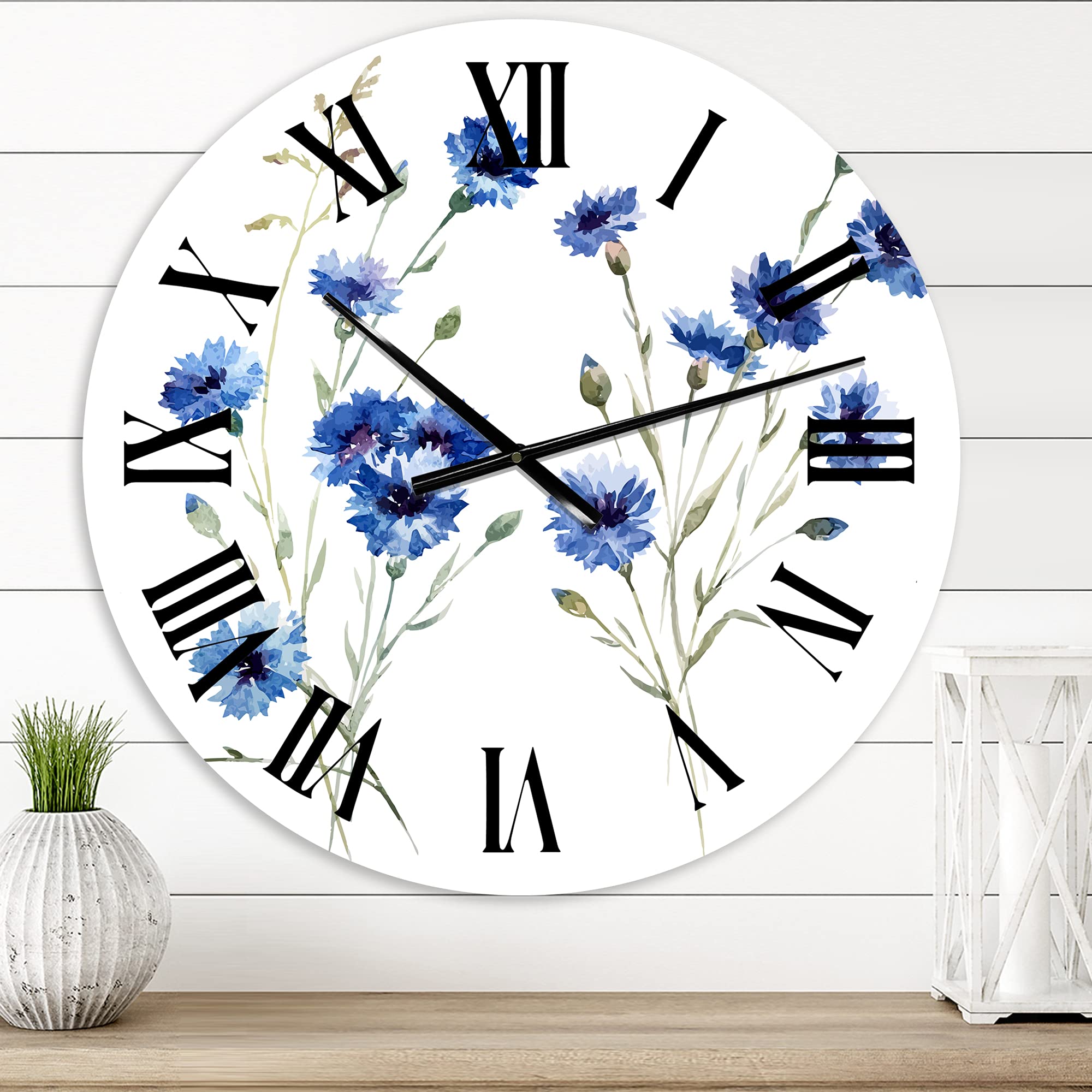 Blue Cornflowers with Green Leaves III Traditional Wall Clock - Large Floral & Botanical Wall Decor for Living Room, Bedroom, Office | Perfect for Home, Farmhouse, and Vintage Style Interior Design