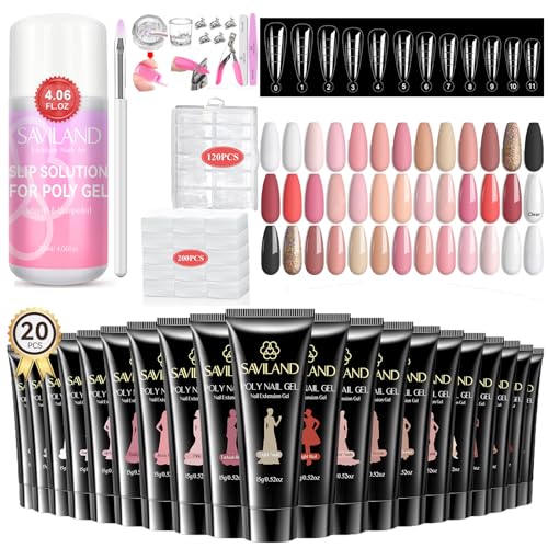 Saviland 20 Colors Poly Nail Extension Gel Kit with 120ML Slip Solution - Professional DIY Nail Art Supplies for Salon & Home Manicure, Perfect for Acrylic Nails, Gel Extensions & Nail Art Designs