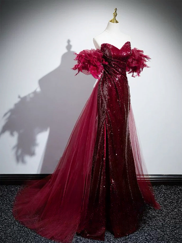 Elegant Burgundy Mermaid Off-Shoulder Sequin Long Prom Dress - Perfect for Evening Gowns, Formal Dances & Special Occasions