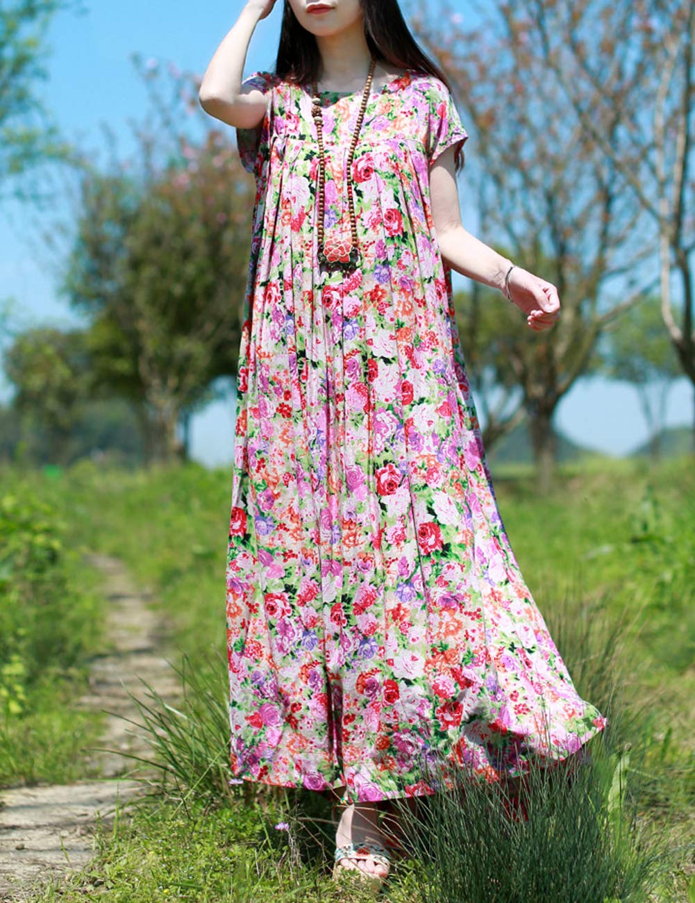 Women's Floral Sundress - Short Sleeve Summer Maxi Dress for Pregnant & Plus Size, Boho Beach Dress with Irregular Hem - Perfect for Vacation, Maternity Photos & Outdoor Weddings