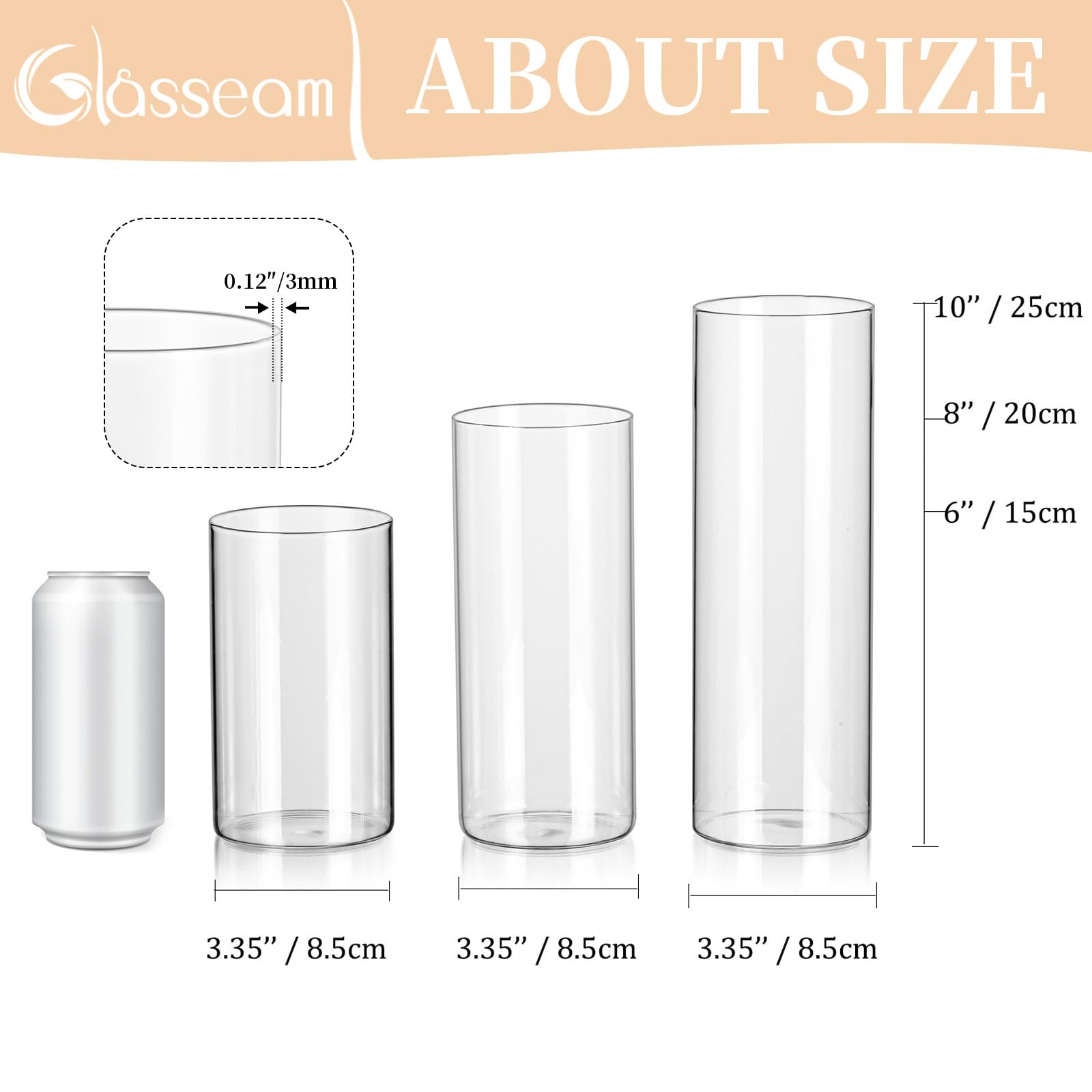 Glasseam Clear Hurricane Candle Holder Set of 6 - Modern Glass Cylinder Vases for Pillar Candles, Floating Candle Centerpieces - 6