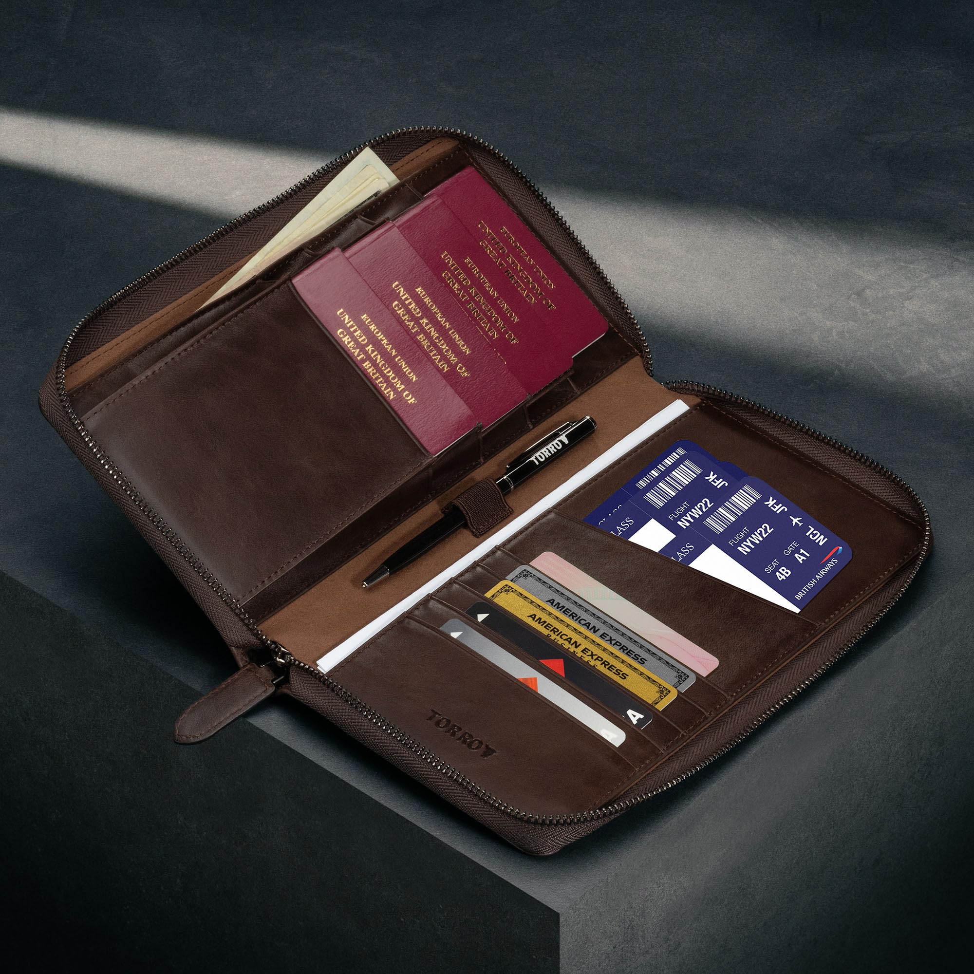 TORRO Premium Leather Family Travel Wallet - RFID Blocking Passport Holder Organizer for 4 Passports, Credit Cards & Travel Documents (Dark Brown) | Perfect for International Trips, Family Vacations & Airport Security