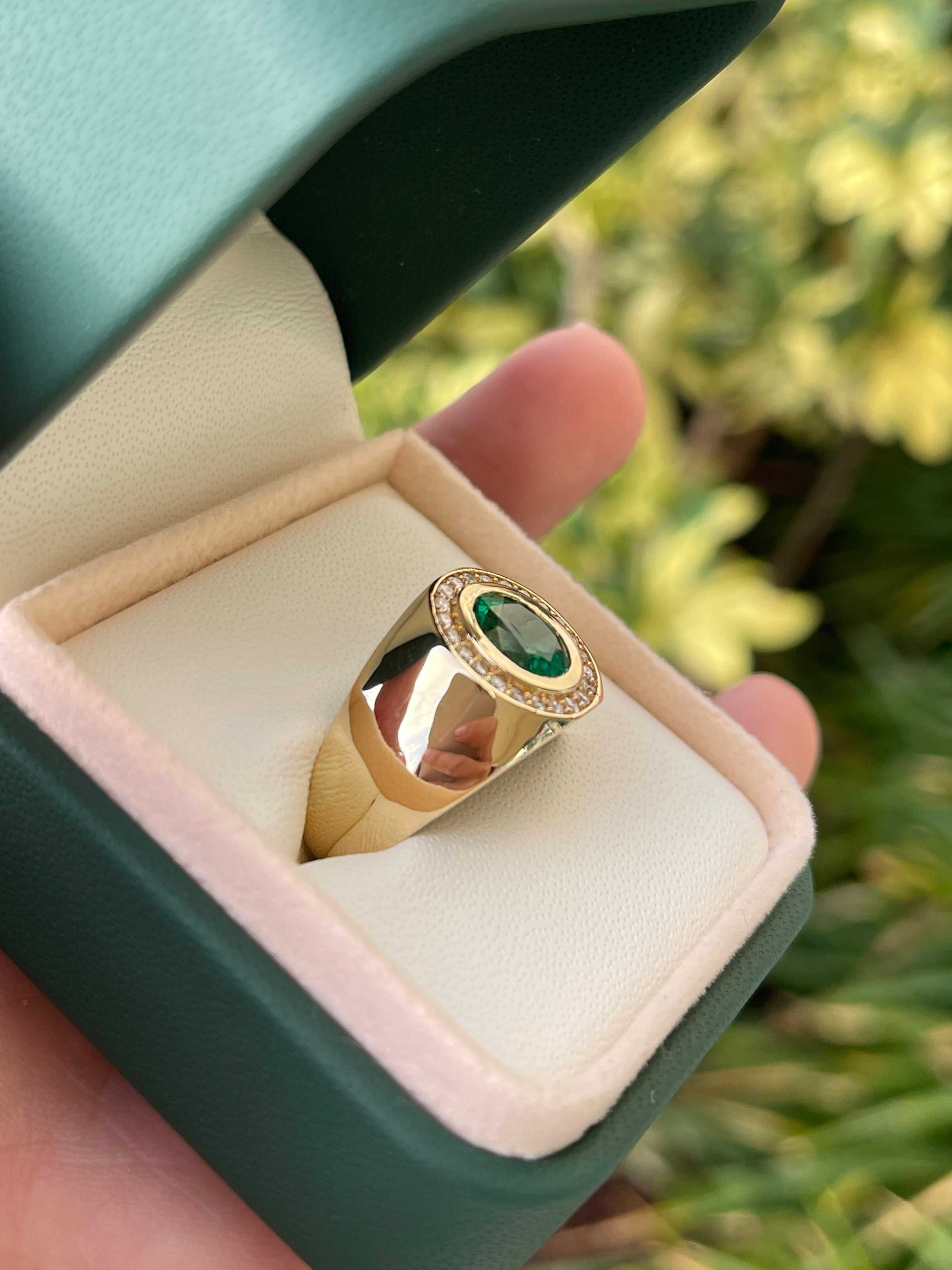1.95tcw Natural Emerald & Diamond Halo Men's Ring in 14K Gold - Elegant Wedding Band, Anniversary Gift for Him, Perfect for Special Occasions