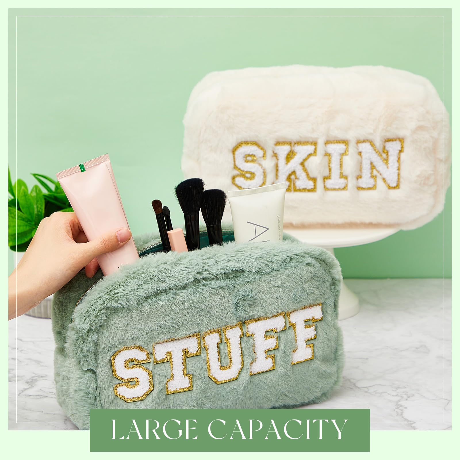 Chunful 2 Pack Soft Chenille Letter Makeup Bags - Fuzzy Cosmetic Pouches with Zipper for Women | Preppy Style Travel Organizer for Hair, Skin & Face Essentials (Apricot & Green) | Perfect for Gym, Vacation & Daily Beauty Storage