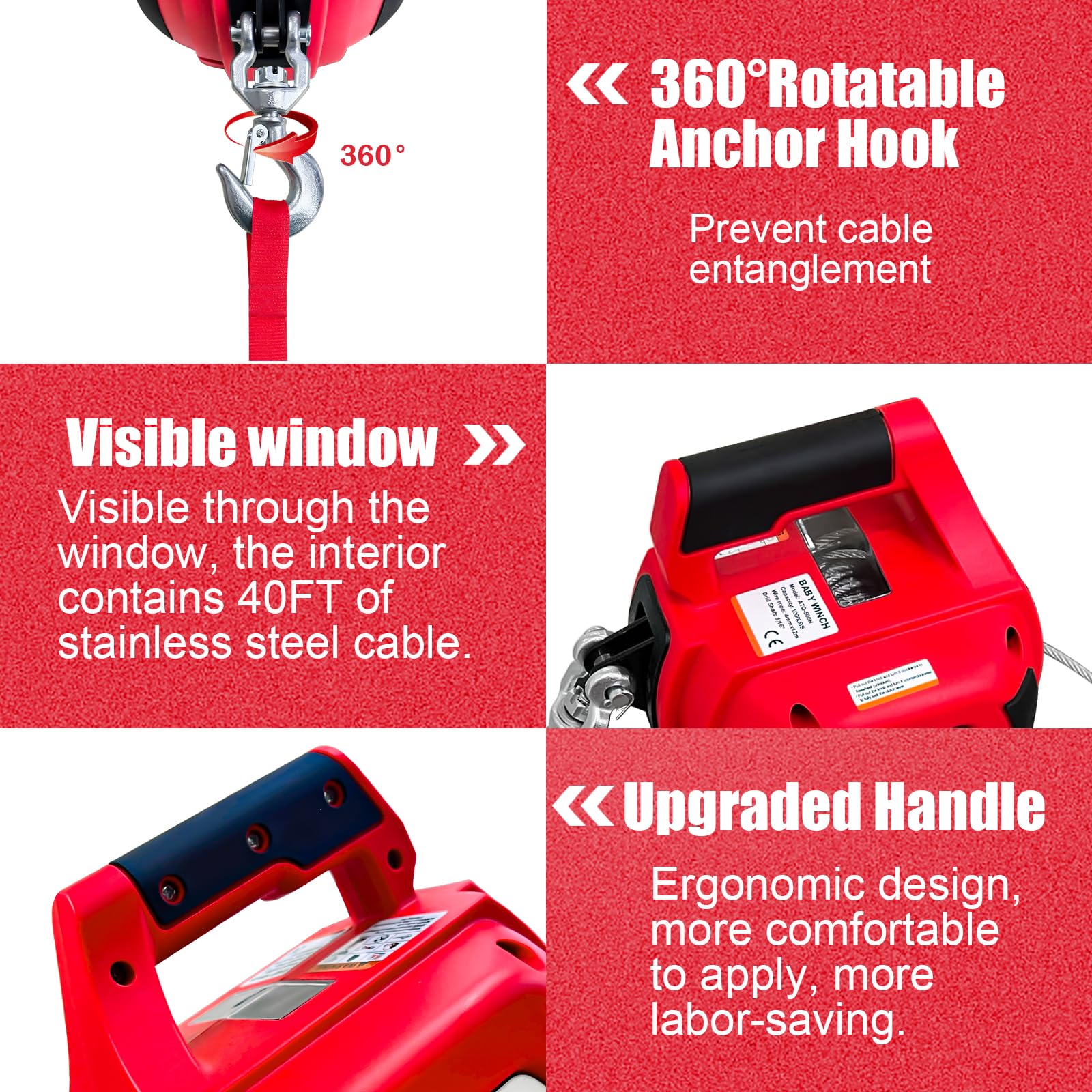 **1000LBS Portable Drill Winch with 40FT Alloy Steel Wire Rope – Heavy Duty Drill Powered Winch for Lifting, Dragging, Handling & Trailers – Ideal for Off-Roading, Farm Work, Construction & DIY Projects (Red)**