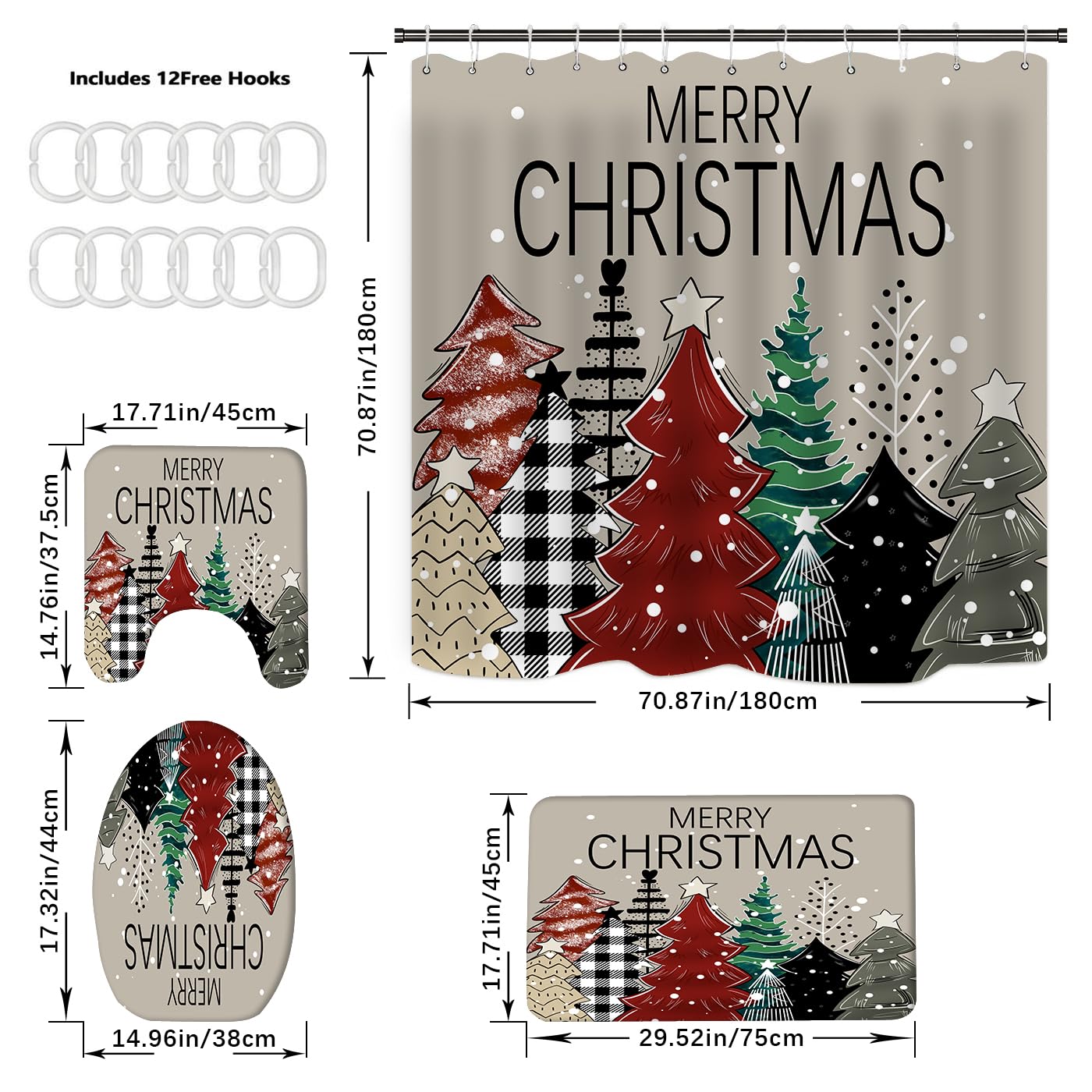 Waterproof Christmas Shower Curtain Set with Matching Bath Rugs - Holiday Xmas Tree & Snowflake Design Fabric Bathroom Decor for Festive Season | Perfect for Holiday Home Decor, Guest Bathrooms & Christmas Party Preparations