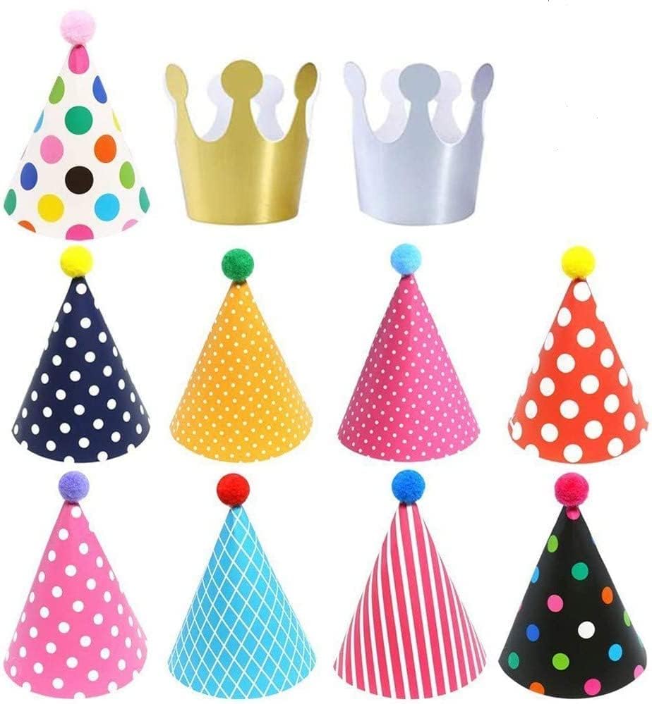 ELakiss 11-Piece Birthday Party Cone Hats Set with Pom Poms - Colorful Paper Cone Hats & Crowns for Kids and Adults (9 Hats + 2 Crowns) - Perfect for Birthday Parties, Baby Showers & Festive Celebrations