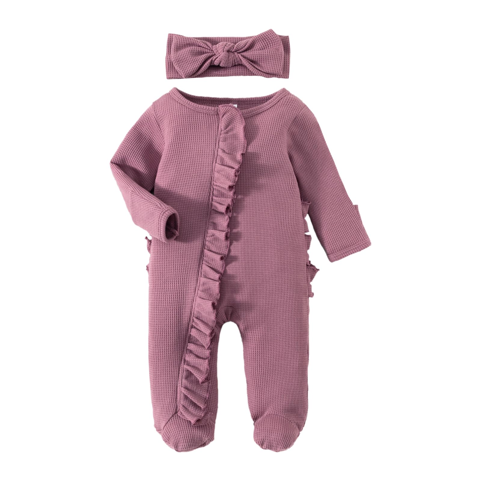 Newborn Baby Romper Infant Girl One-Piece Outfit - Soft Waffle Knit Ruffle Zip Footie Pajamas for Spring & Summer - Cute Bow Headband Included - Perfect for Playtime, Sleepwear & Photo Shoots