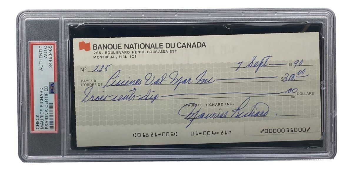 Maurice Richard Autographed Montreal Canadiens Hockey Bank Check #235 - PSA/DNA Certified Collectible - Perfect for NHL Memorabilia Displays & Sports Fan Gifts
