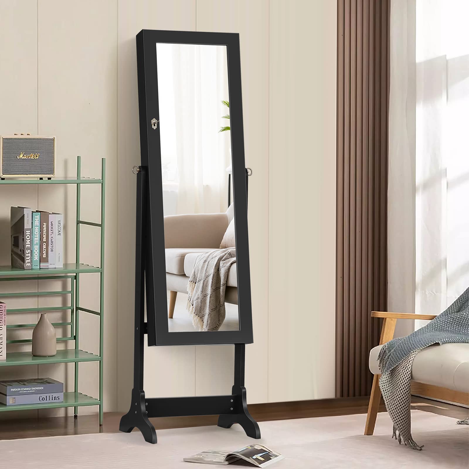 Lockable Full-Length Mirror Jewelry Armoire Organizer - Large Jewelry Storage Cabinet with 4 Adjustable Hooks & 2 Drawers, 2-in-1 Jewelry Box for Necklaces, Rings & Accessories - Perfect for Bedroom, Closet & Dressing Room (Black)