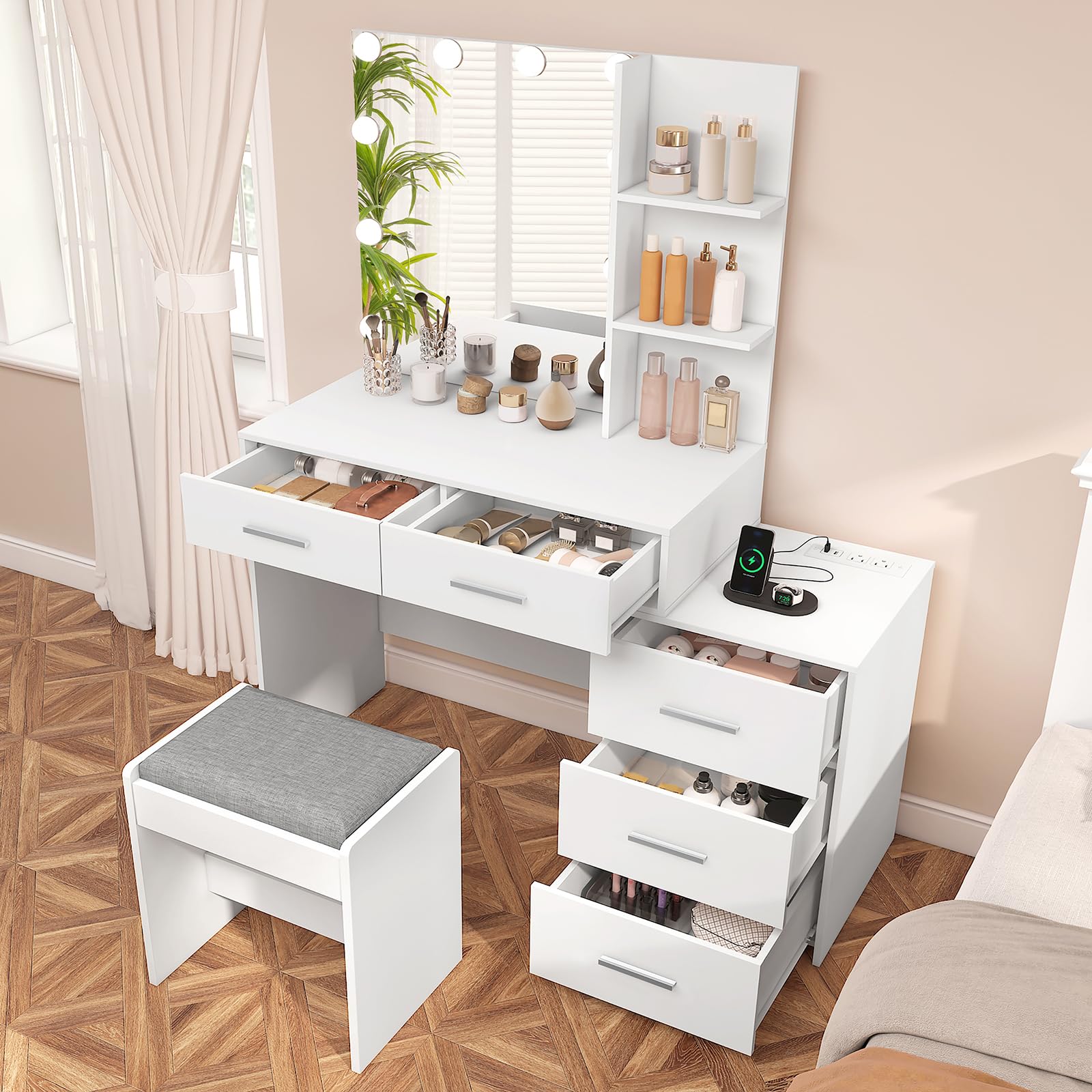 USIKEY Large Vanity Desk with Mirror & 10 LED Lights - Makeup Dressing Table with Power Strip, Storage Shelves & 5 Drawers - Vanity Set with Cushioned Stool for Women & Girls (White) - Perfect for Bedroom, Dorm Room & Beauty Salon Makeup Organization