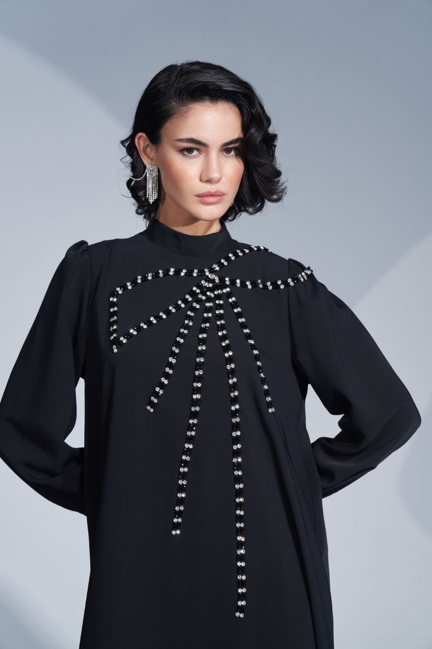 Elegant Bow Embroidery Rhinestone Abaya & Kimono - Modest Muslim Dress for Women - Perfect for Eid, Wedding, and Special Occasions