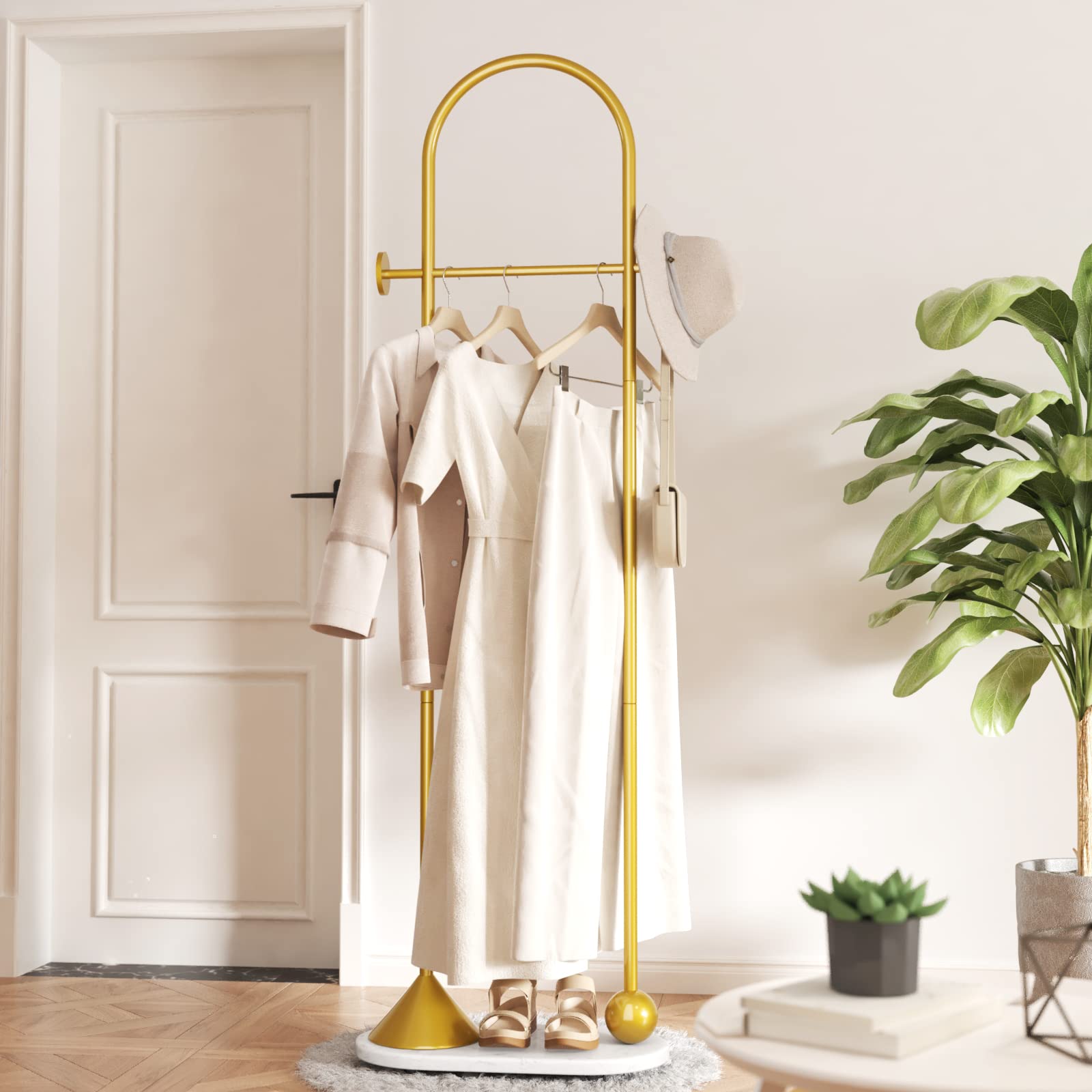 TIEOU Freestanding Metal Gold Coat Rack - Modern Entryway Stand for Hats, Jackets & Clothing | Perfect for Small Spaces, Apartments & Home Organization