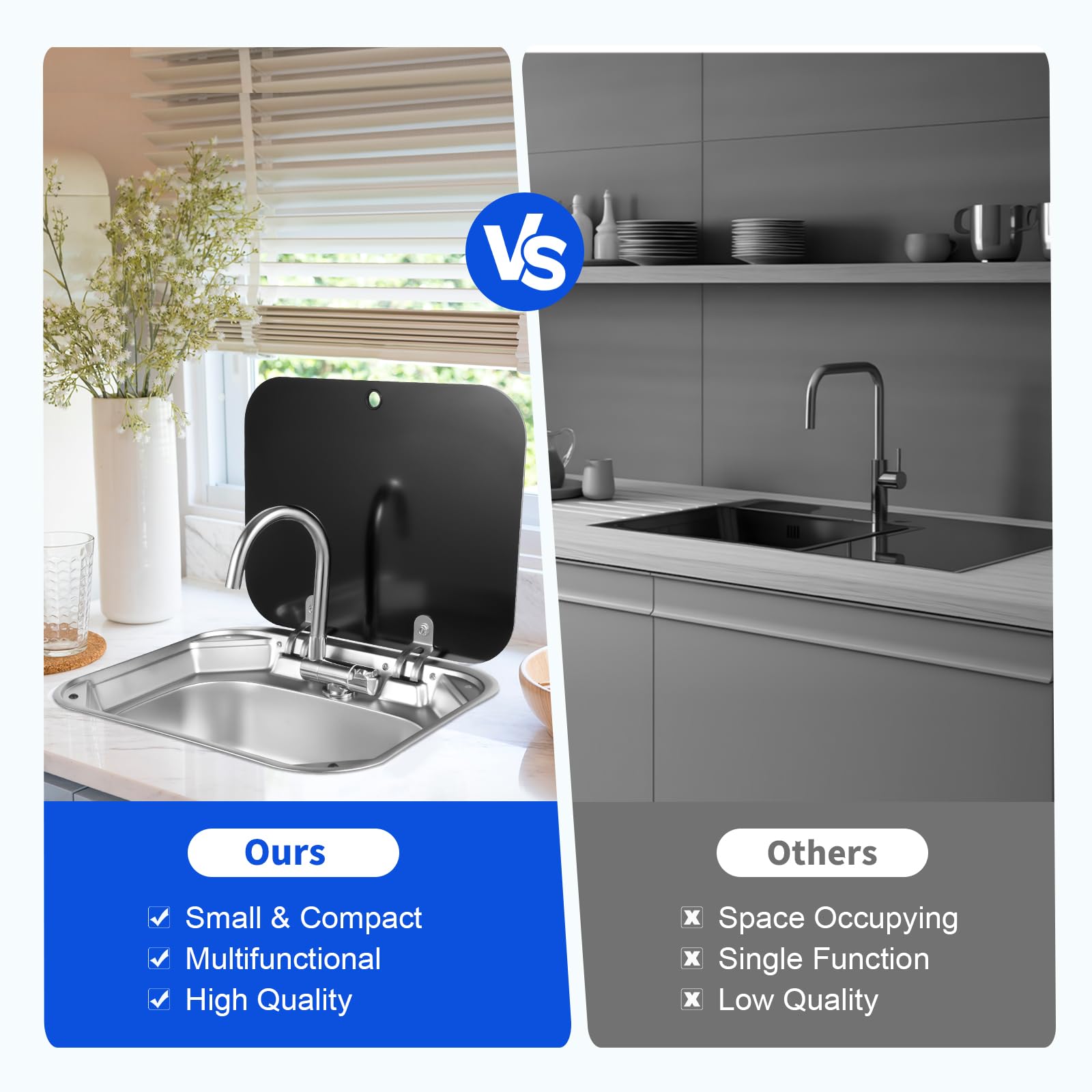 Stainless Steel RV Kitchen Sink with Folding Faucet & Cover - 16.7x14.7x5.9 Inch Single Bowl Hand Wash Basin for RV, Caravan, Camper - Perfect for Compact Spaces & Outdoor Cooking