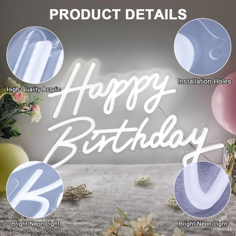 Happy Birthday LED Neon Sign - 23 x 14 Inch Large Wall Decor with Dimmable Switch & USB Power for Party Backdrop, Home Decor, Bar, Restaurant, and Event Photography | by Colysor
