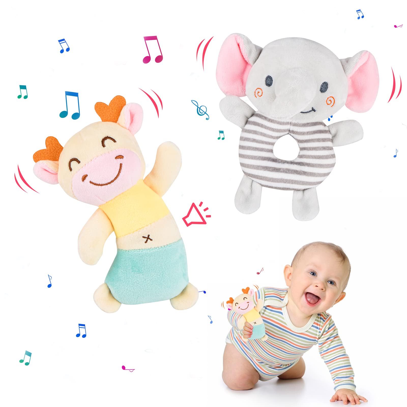 XIXILAND Soft Baby Rattles & Plush Stuffed Animal Toys for Newborns 0-6 Months - Brain Development Infant Toys for Boys & Girls - Perfect for Tummy Time, Sensory Play and Early Learning