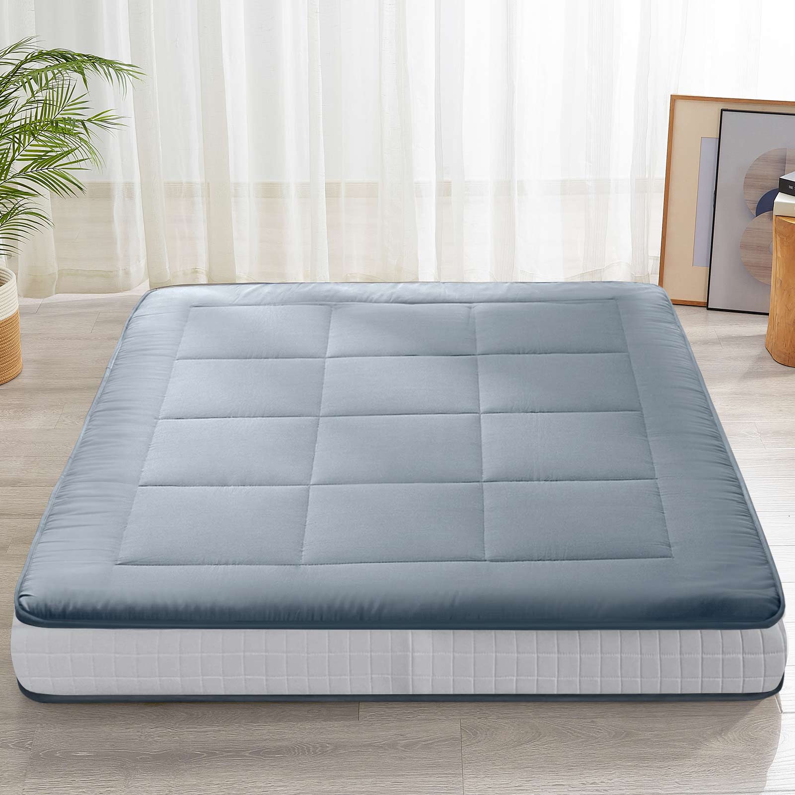 MAXYOYO 6-Inch Extra Thick Floor Futon Mattress - Japanese Style Square Quilting Bed for Adults & Guests - Blue Gray - Perfect for Small Spaces, Guest Rooms & Meditation Areas