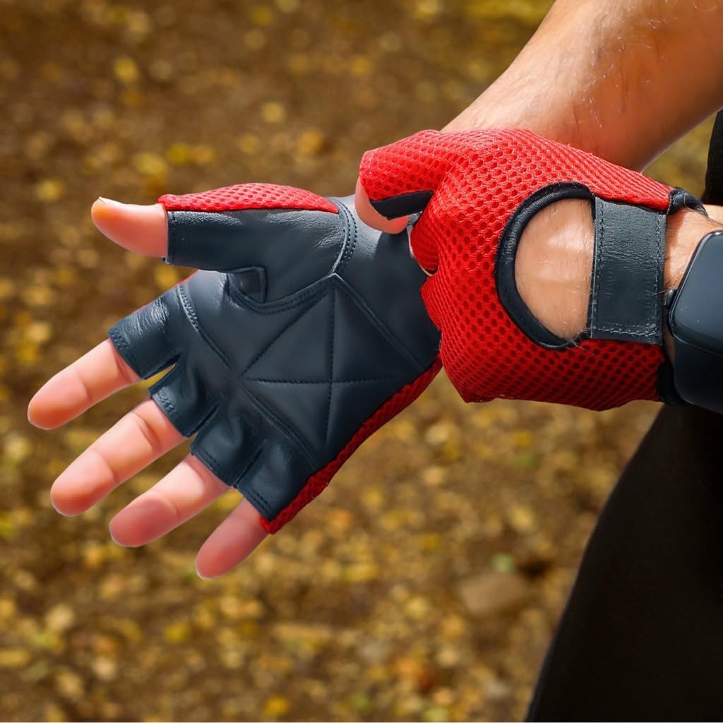 Prime Sports Leather & Mesh Fingerless Weight Lifting Gloves for Gym, Workout & Wheelchair Use - Black/Red (WLG-021) | Ideal for Cross Training, Powerlifting & Mobility Support